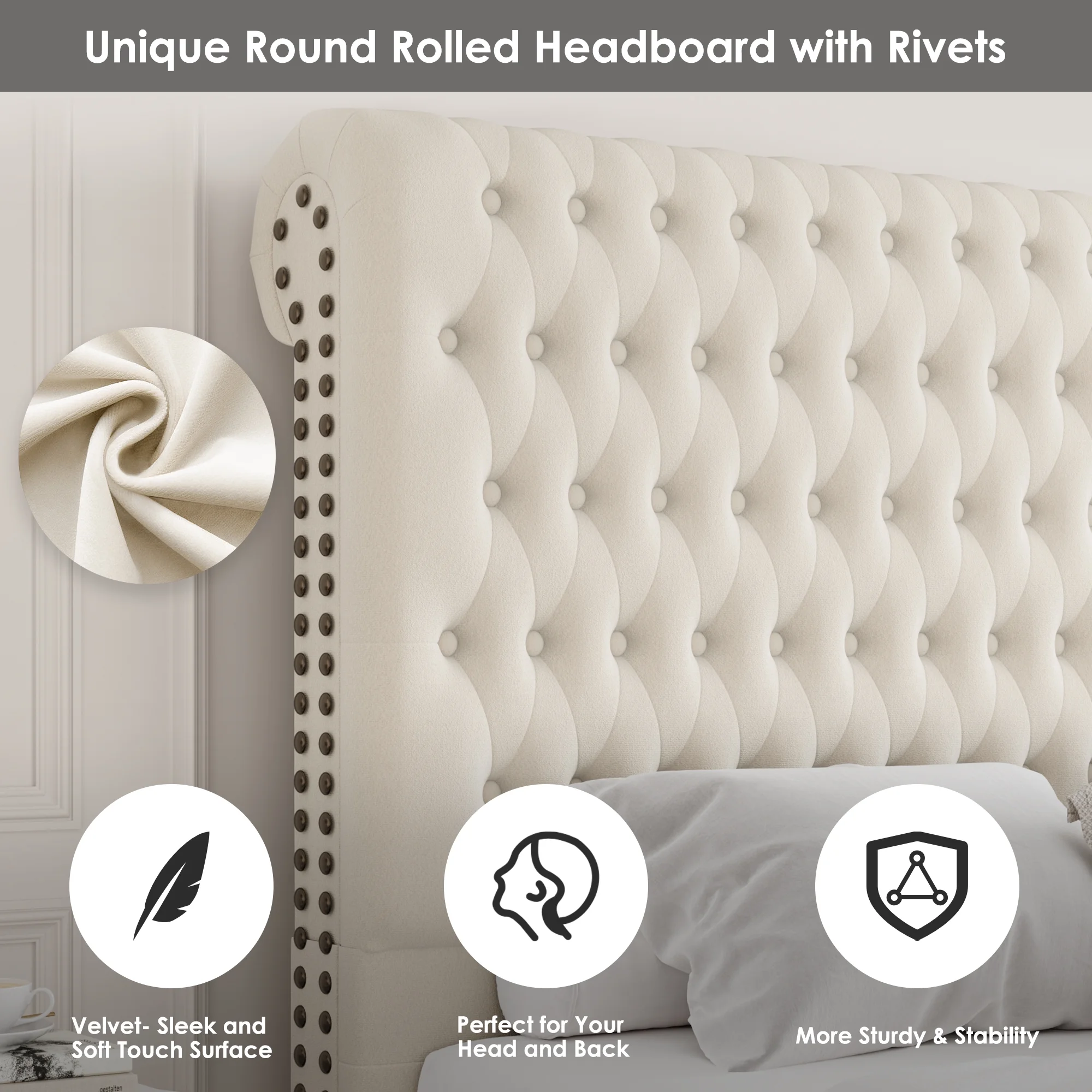 Homfa 54.7" Tall Headboard Bed Frame, Queen Size Storage Bed with Tall Headboard, Tall Upholstered Bed with Footboard and Drawers, Off-white