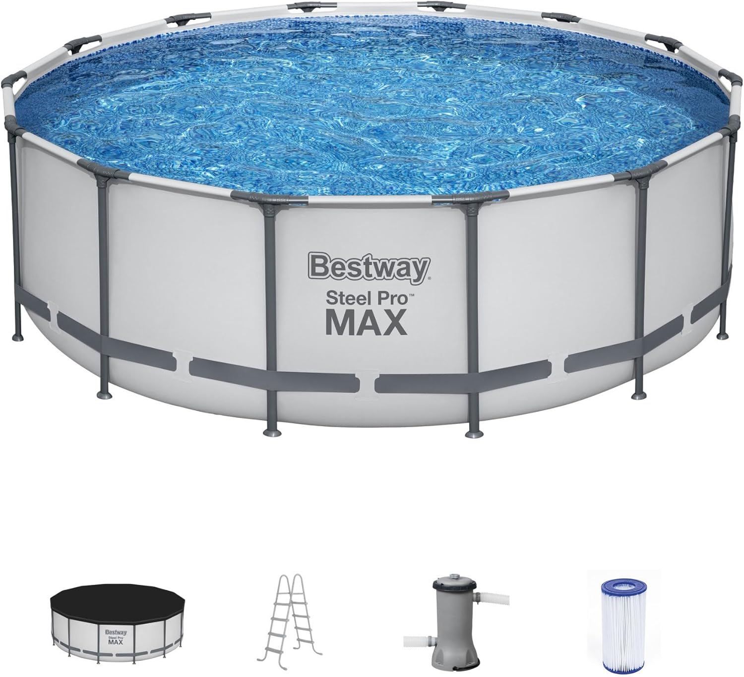 Bestway Steel Pro MAX 14 Foot x 48 Inch Round Metal Frame above Ground Outdoor Swimming Pool Set with 1,000 Filter Pump, Ladder, and Cover, Gray