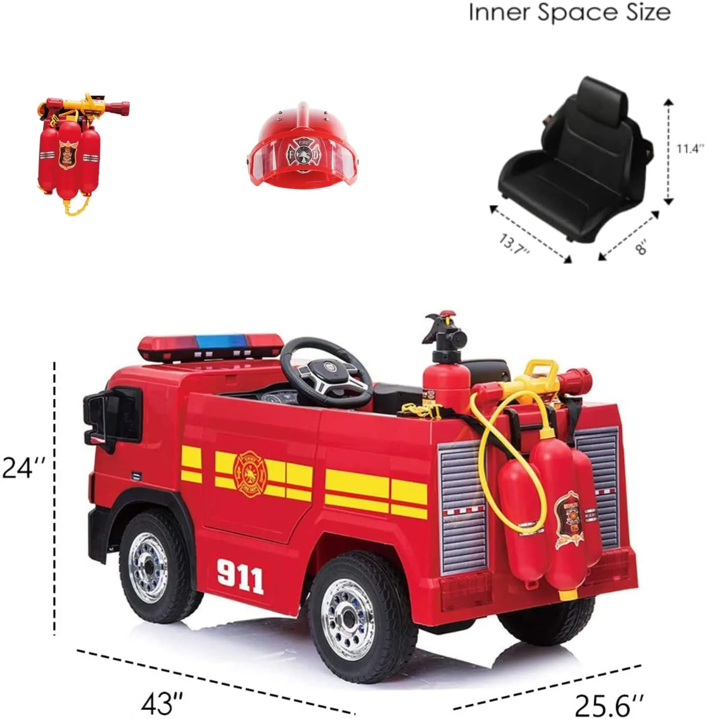 LAZY BUDDY Kids 12V Ride On Fire Truck Battery Powered Ride-Ons Toy Car with Remote Control, Siren for Boys Girls 3-6 Years