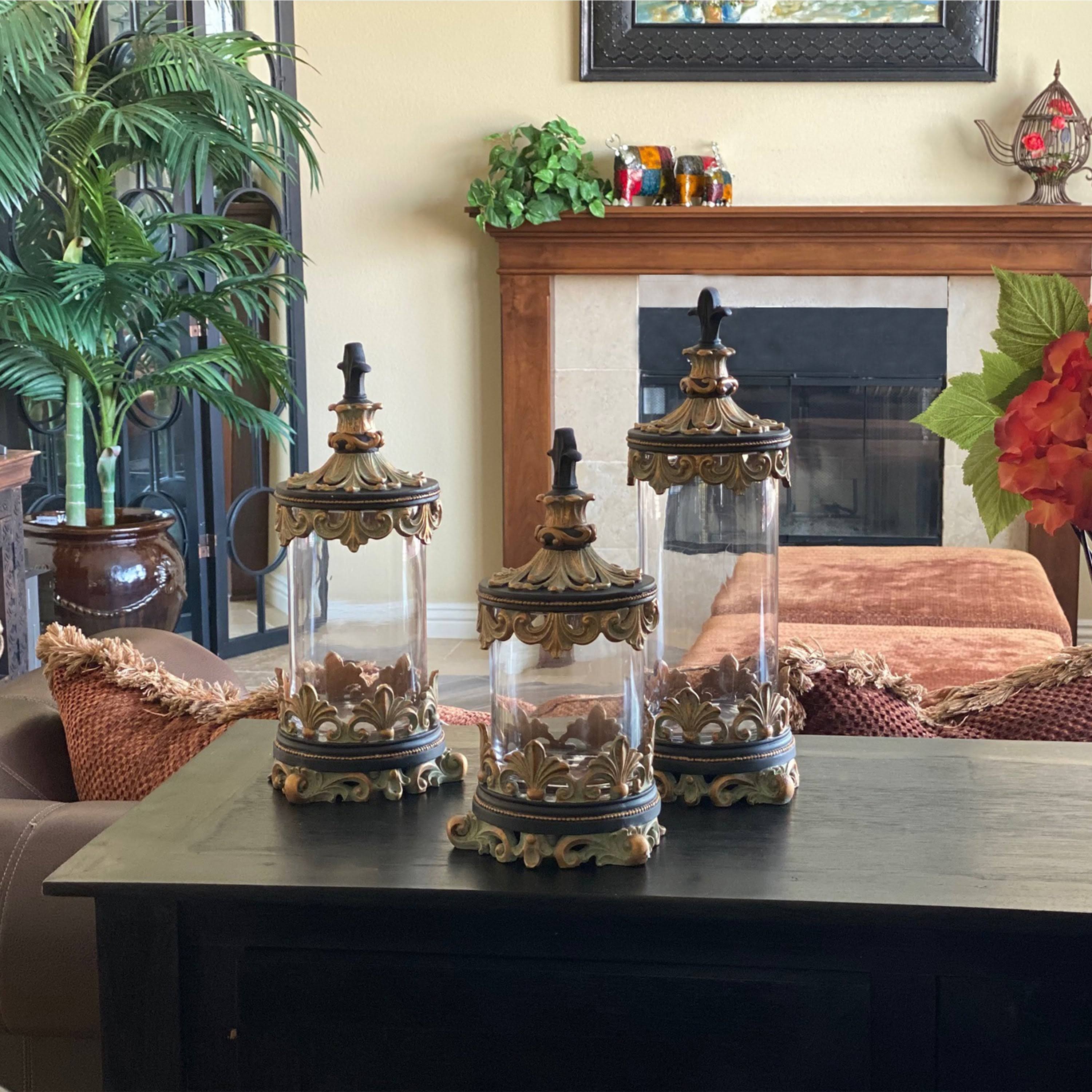 Antiqued Gold Fleur-de-lis 3-Piece Glass Cylinder Canister Set