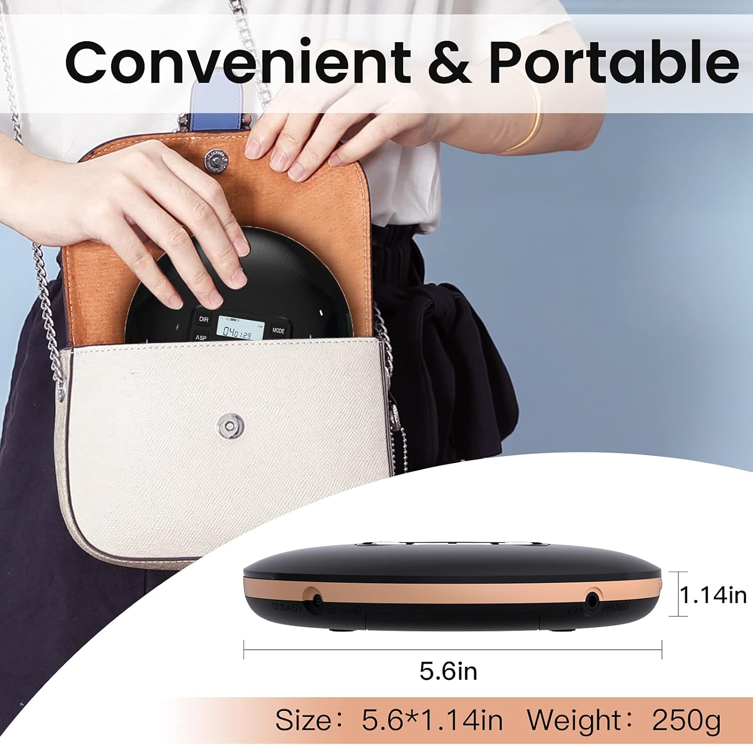 HOTT CD611 CD Player Portable Anti-Shock Personal Portable CD Player with Headphones USB AUX Output for Car Travel Home - Black