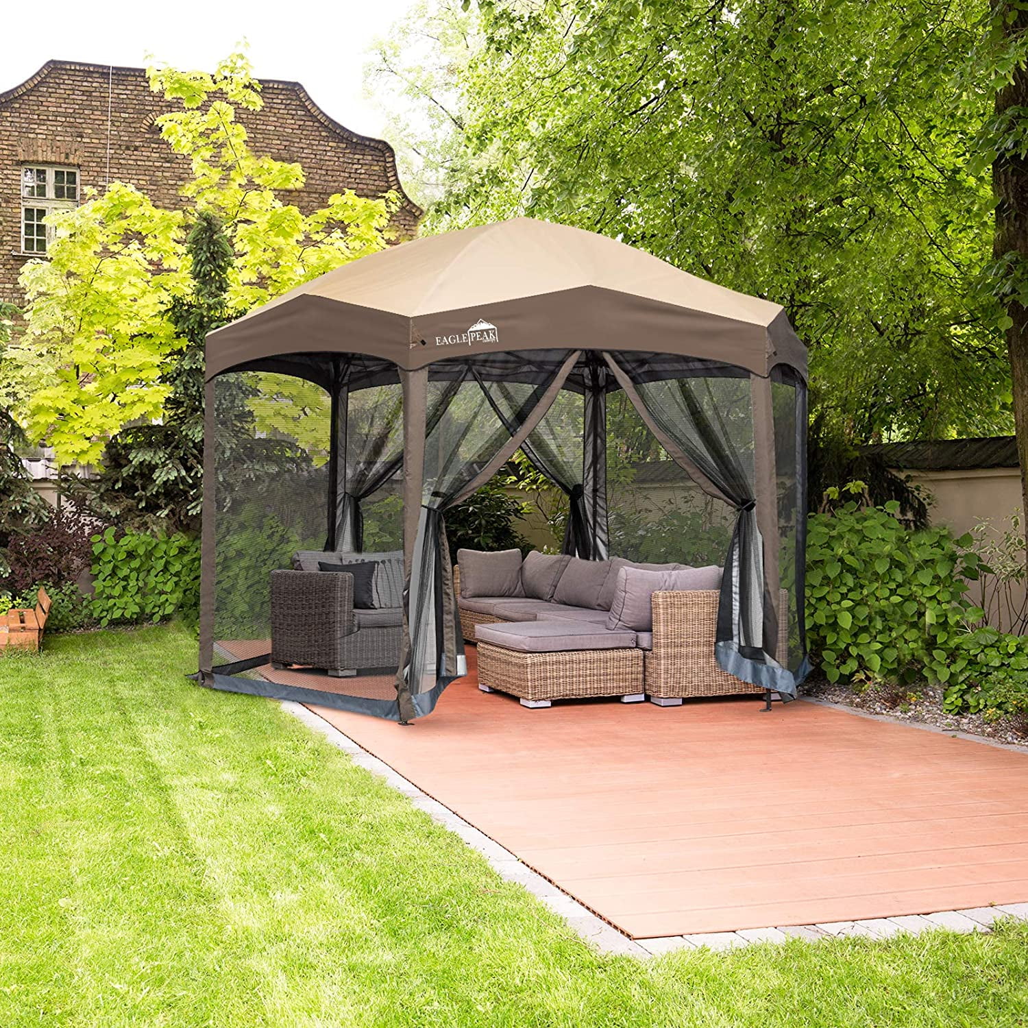 EAGLE PEAK Pop-Up Camping 6 Sided (6x6x6) Gazebo w/ Mosquito Netting Easy Center Push Canopy Shelter Instant Setup Outdoor Screen Tent (Brown)