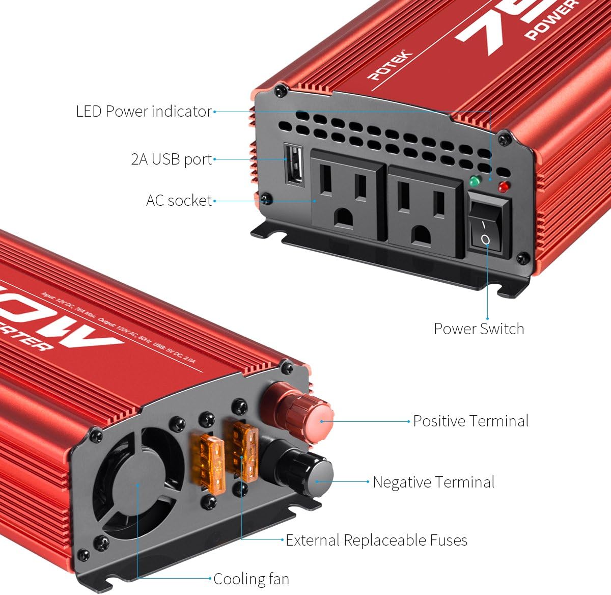POTEK 500W Car Power Inverter DC 12V to AC 110V with 2AC outlets and 2A USB Port