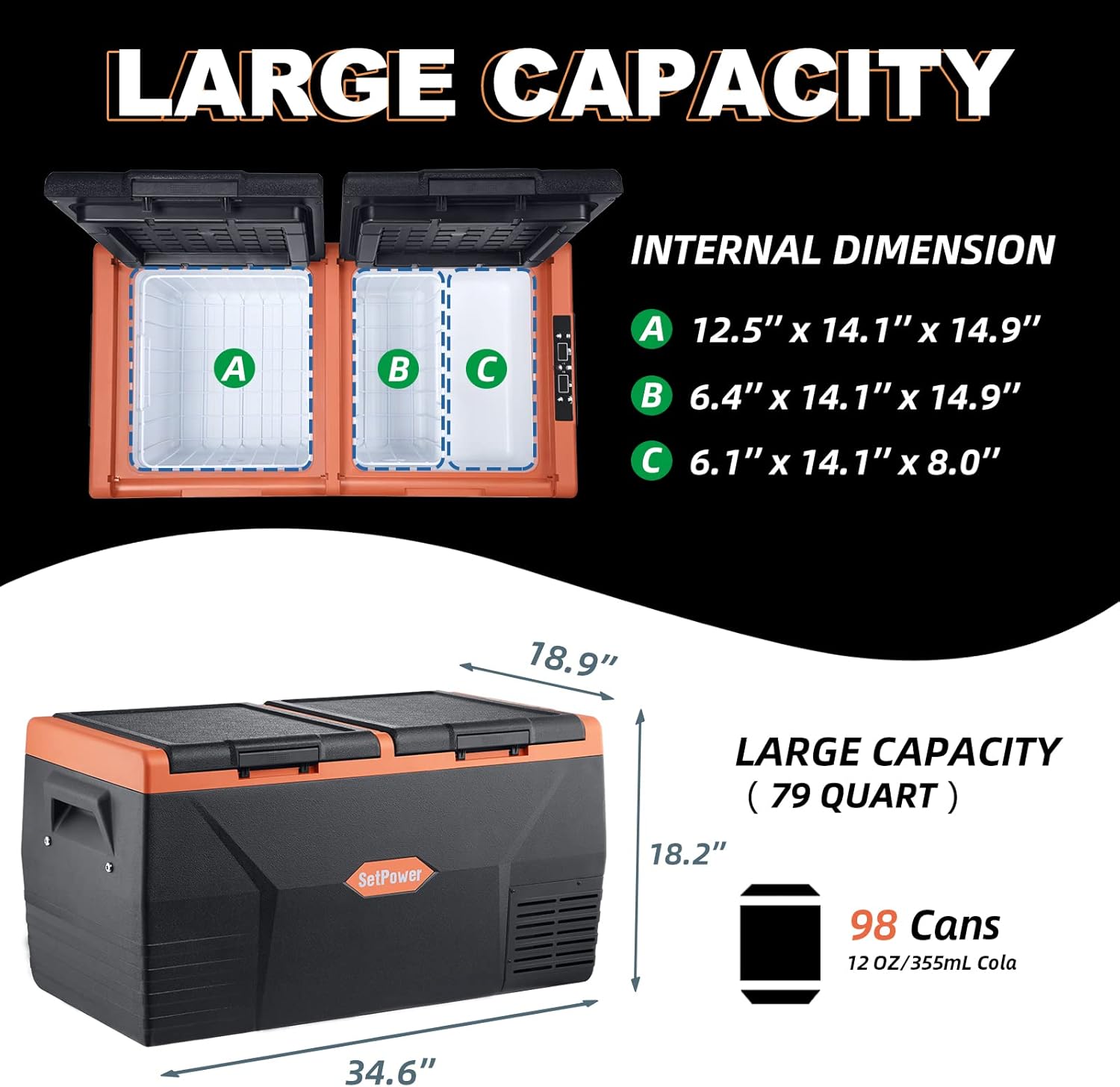 SetPower TC75 12 Volt Refrigerator, Car Refrigerator, Portable Refrigerator, Portable Freezer Fridge, Electric Cooler, Power by 12/24V DC & 110-240V AC & Solar, Car and Home Use, Dual Zone, 0℉-50℉
