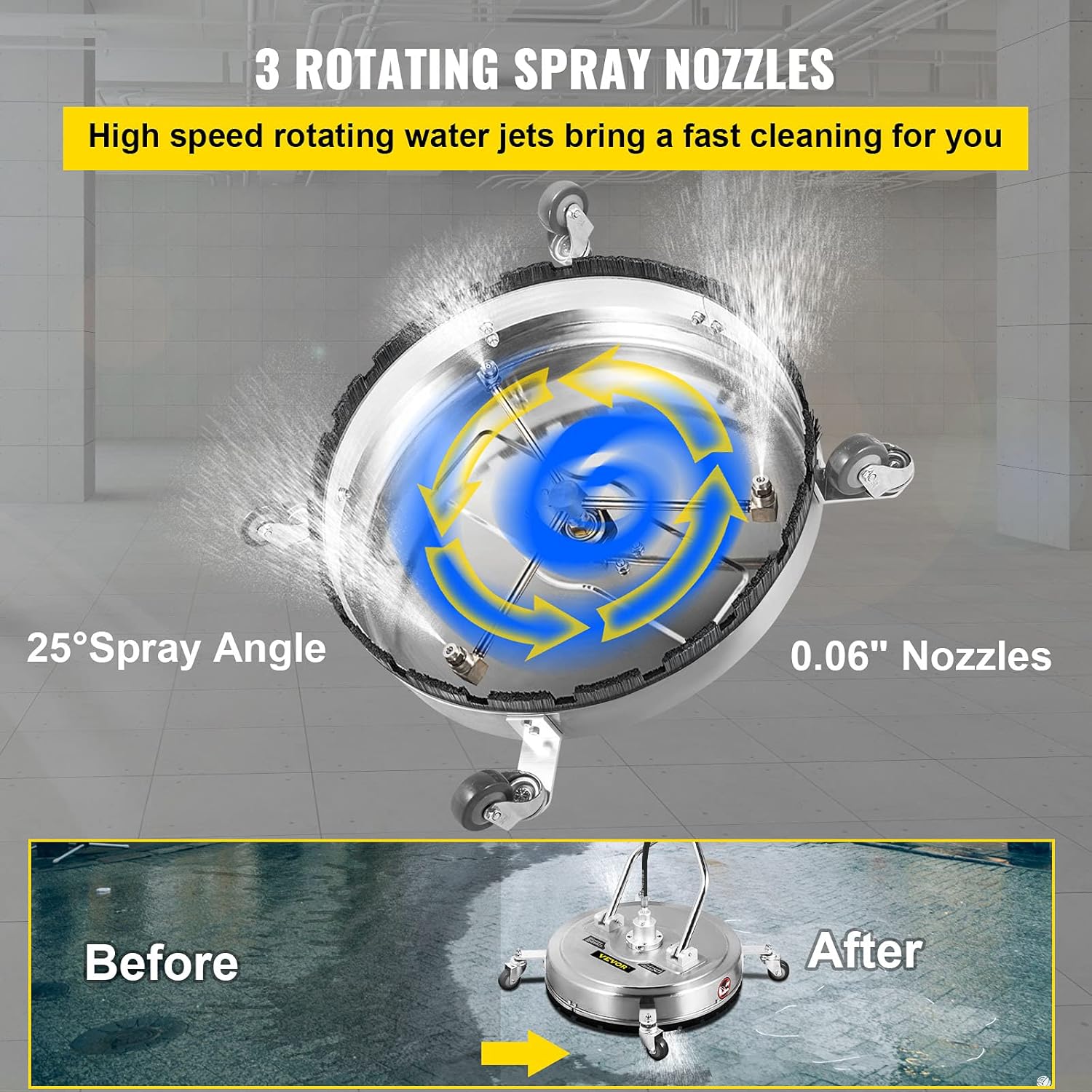 VEVOR 24" Surface Cleaner, 4000PSI Max. Pressure Flat Surface Cleaner, Stainless Steel Rotating Surface Cleaner, Pressure Washer Surface Cleaner w/ 3 Nozzles, Fit for 3/8" Quick Connector, for Patio