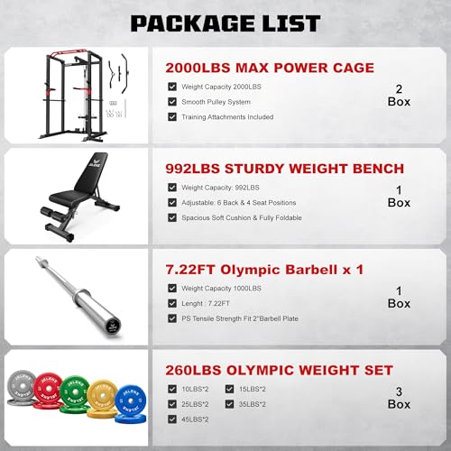 Power Cage, 2000LBS Multi-Function S11 Power Rack with LAT Pulldown, Squat Rack with Adjustable Pulley System and More Training Attachments, Weight Workout Machine for Home Gym