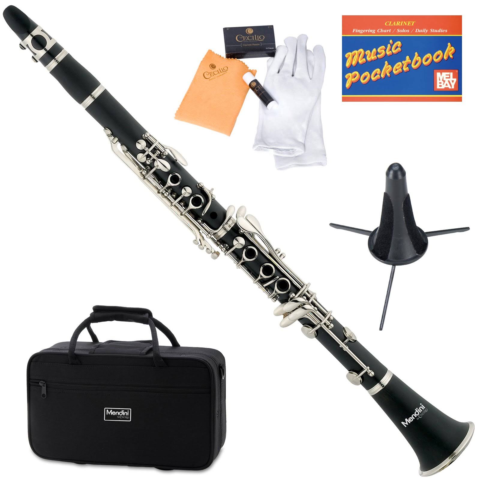 Mendini MCT-E+SD+PB Black Ebonite B Flat Clarinet with Case Stand Pocketbook Mouthpiece 10 Reeds and More