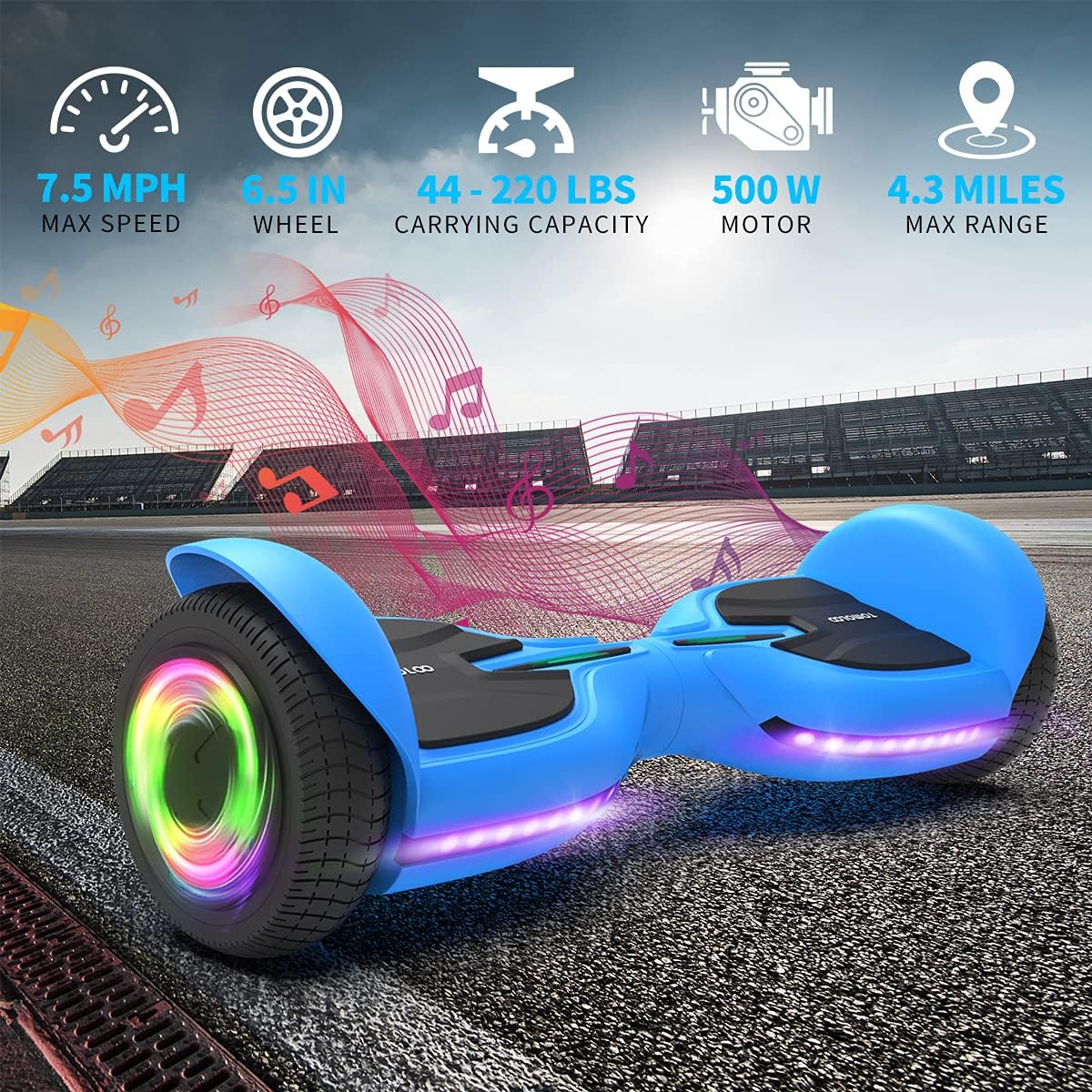 TOMOLOO Hoverboard with Bluetooth and Lights of Music Rhythmed, Solid Rubber Tires Hover Board with UL2272 Certified, 6.5 Inch Two-Wheel Hoverboard for Adults and Kids