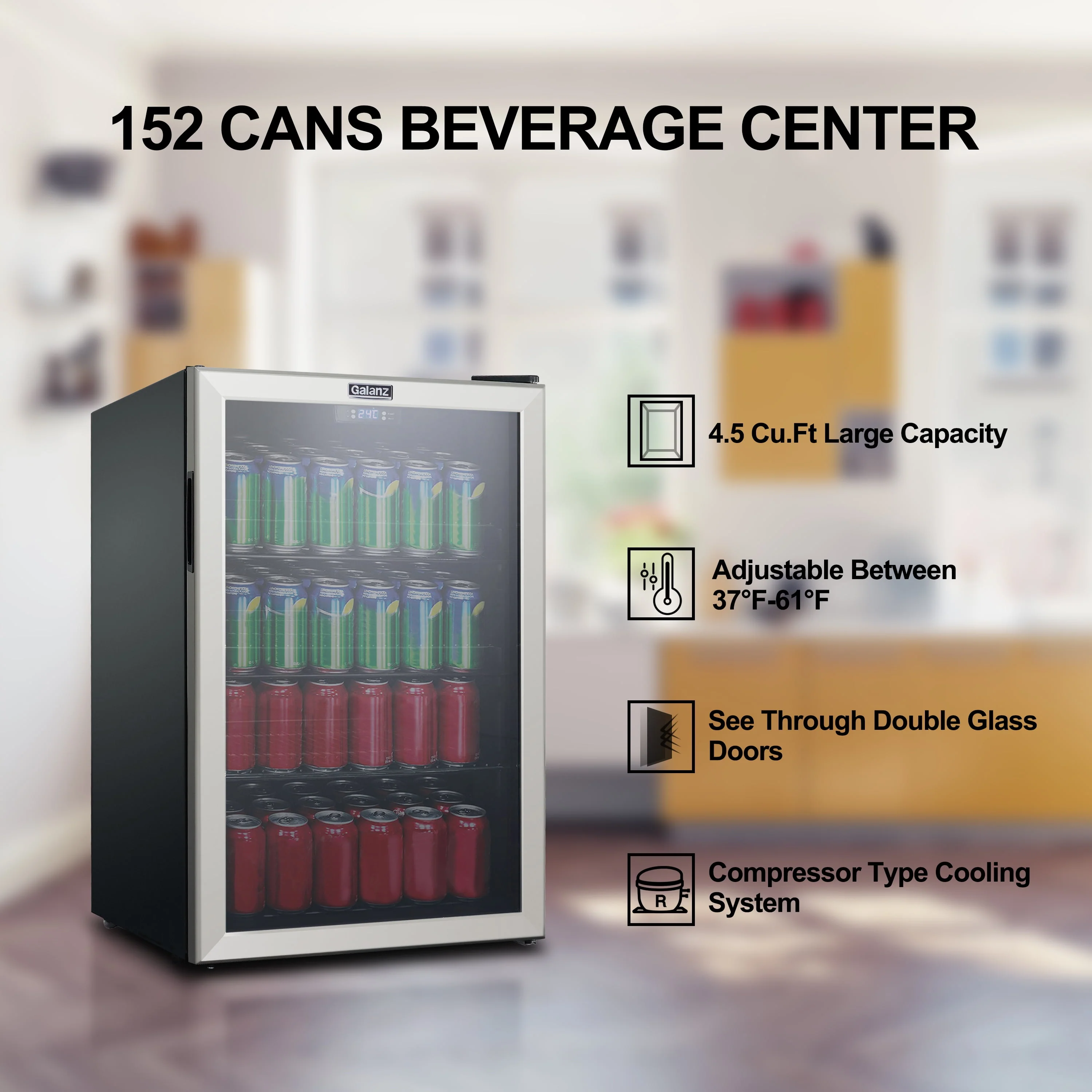 Galanz 4.5 Cu ft 152 Can Beverage Center Mini Fridge, Stainless Steel, New