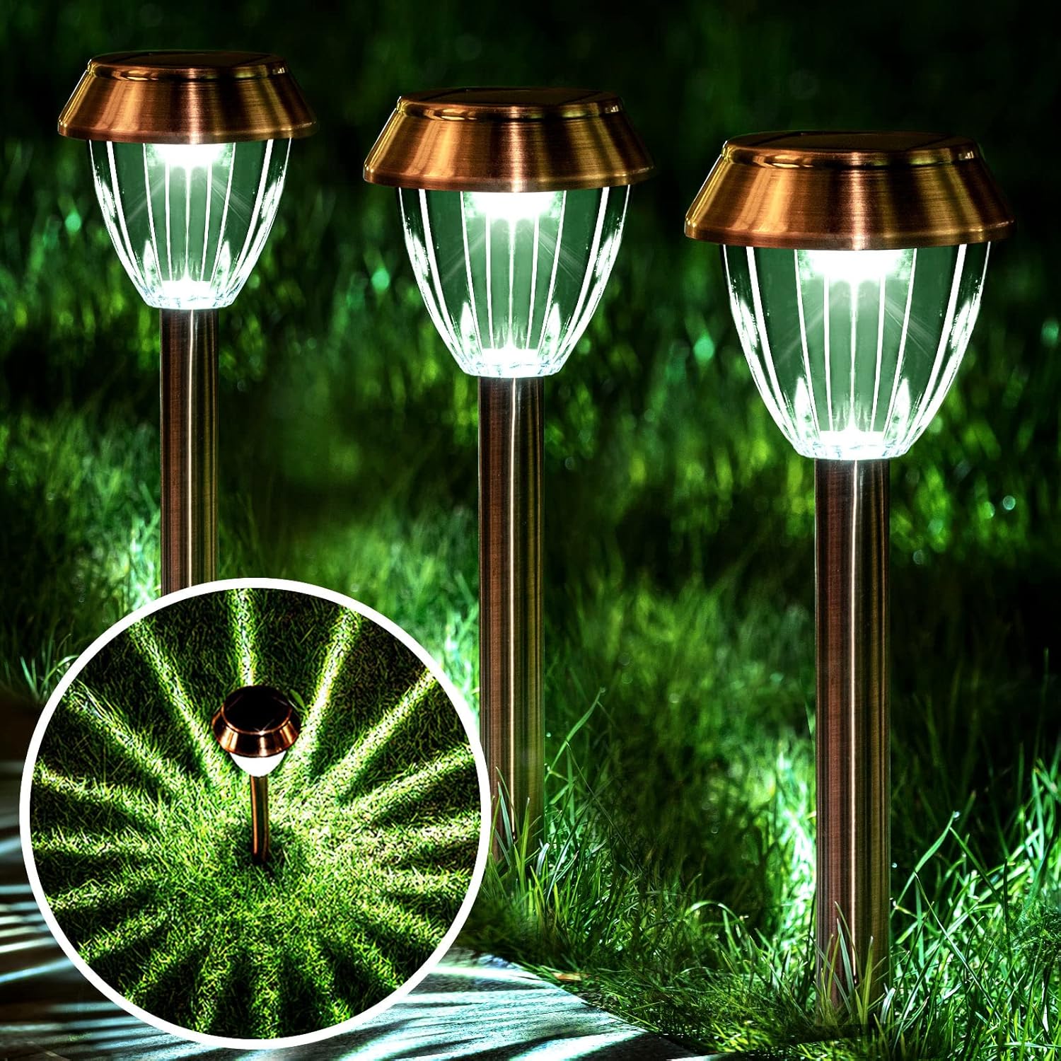 Solar Pathway Lights Outdoor Waterproof 6 Pack Solar Powered Garden Lights Bright Up to 12 Hrs Yard Light LED Landscape Lighting Decorative Copper Stainless Steel Driveway/ Walkway Light, Cold White