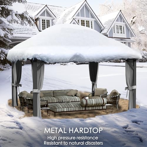 Kozyard Caesar 10'x10' Hardtop Gazebo - Permanent Metal Pavilion with Netting and Shaded Curtains for Patio, Backyard, and Deck - Galvanized Steel Outdoor Aluminum Canopy, Double Roof Gazebo (Grey)