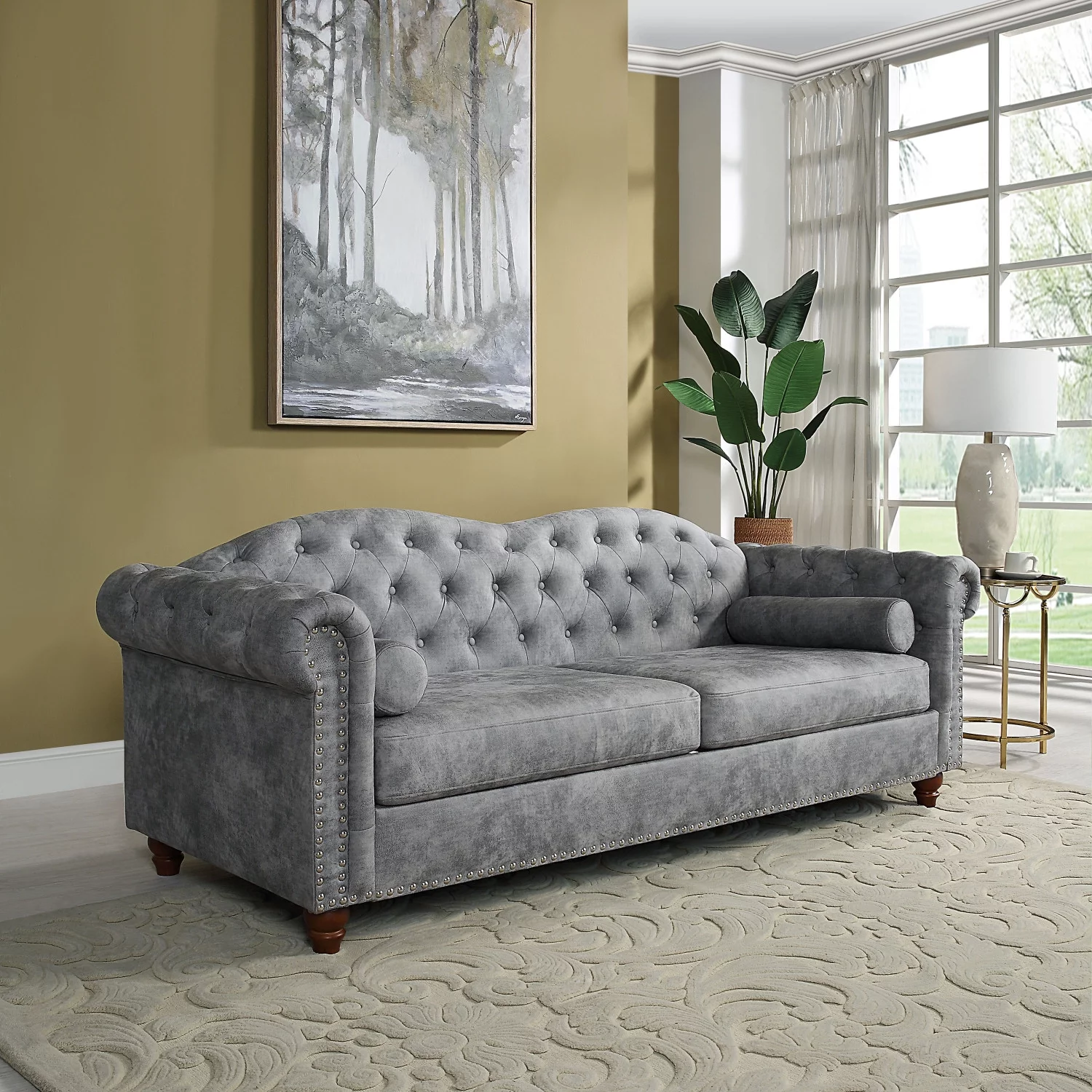 Holaki 84" Chesterfield Fabric Upholstered Sofa,High-Tech Fabric Surface Sofa,Deep Button Tufting Surface Fabric Nailhead Accents with 2 Pillows(Grey)