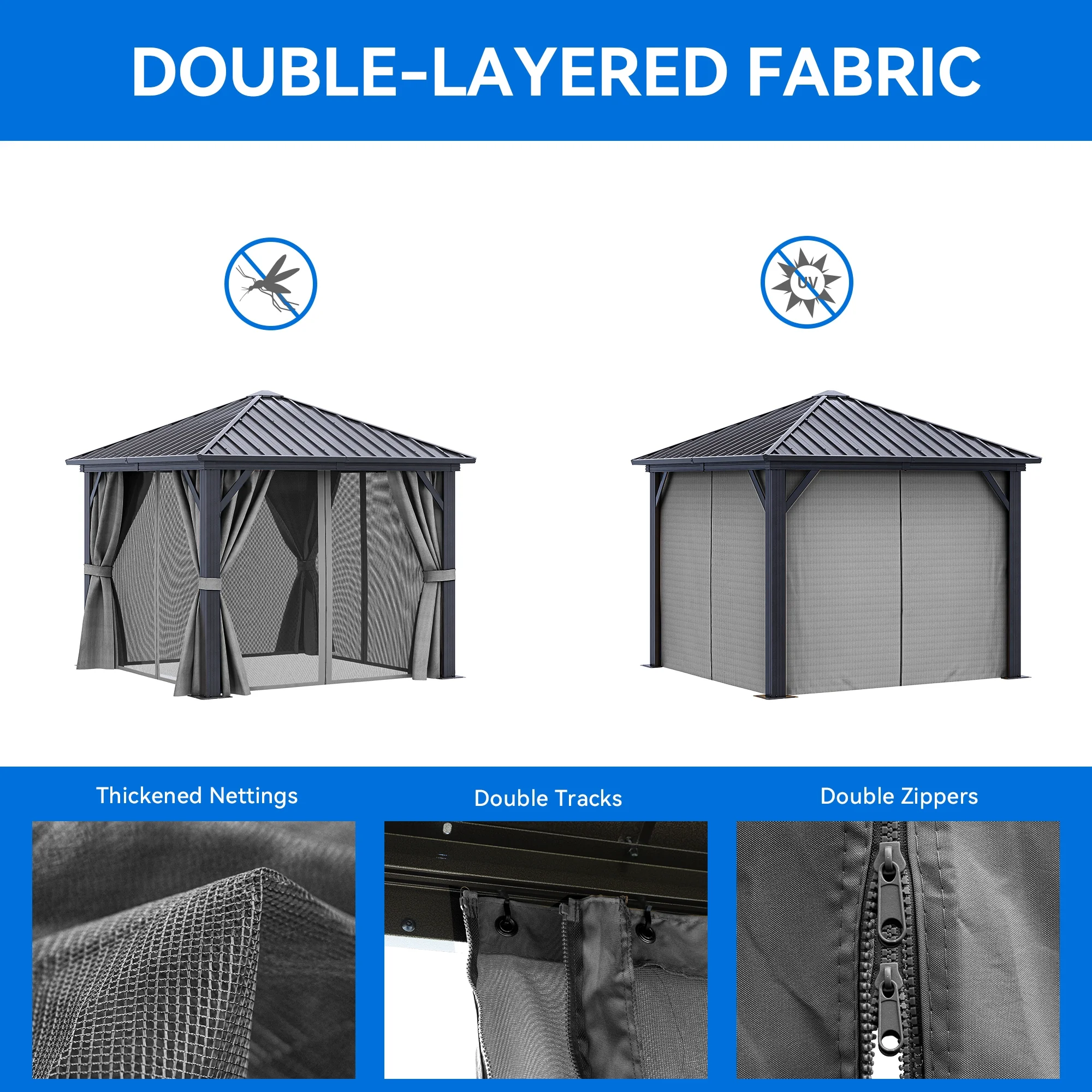 Dextrus 10x10ft Hardtop Gazebo with Nettings and Curtains,Heavy Duty Galvanized Steel Outdoor Vertical Stripes Roof for Patio, Backyard, Deck, and Lawns (Grey)