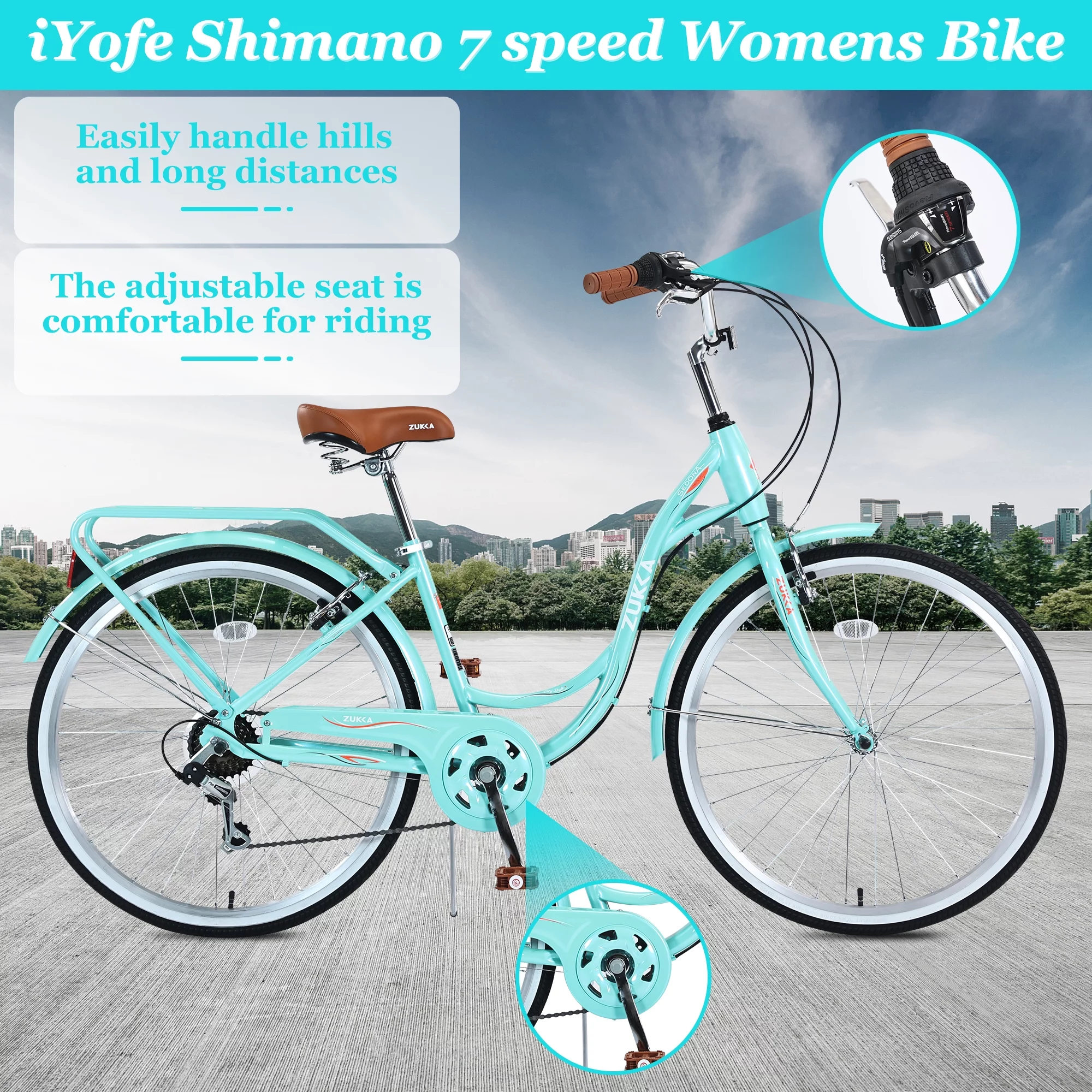 iYofe Womens Bike 26 inch Shimano 7 speed Beach Cruiser Bike for Ladies Commuter Bike City Bike, 85% Assembled, Cyan
