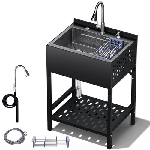 Stainless Steel Utility Sink,24" FreeStanding Laundry&Utility Room Sinks with Cold and Hot Water Faucet,Hoses and Drain Kit Commercial Single Bowl,Laundry Sink for Kitchens, Garage (24x18x36 Black)