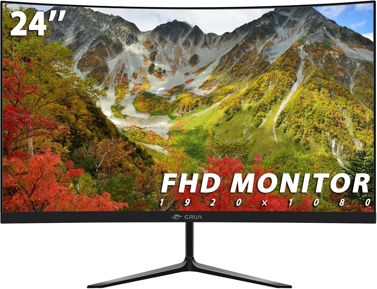 CRUA 24" Inch Curved Monitor FHD(1920×1080p) 75HZ,LED Ultra-Thin Computer Monitor for Home & Office, Frameless with Eye-Care,HDMI,VGA Port, Black