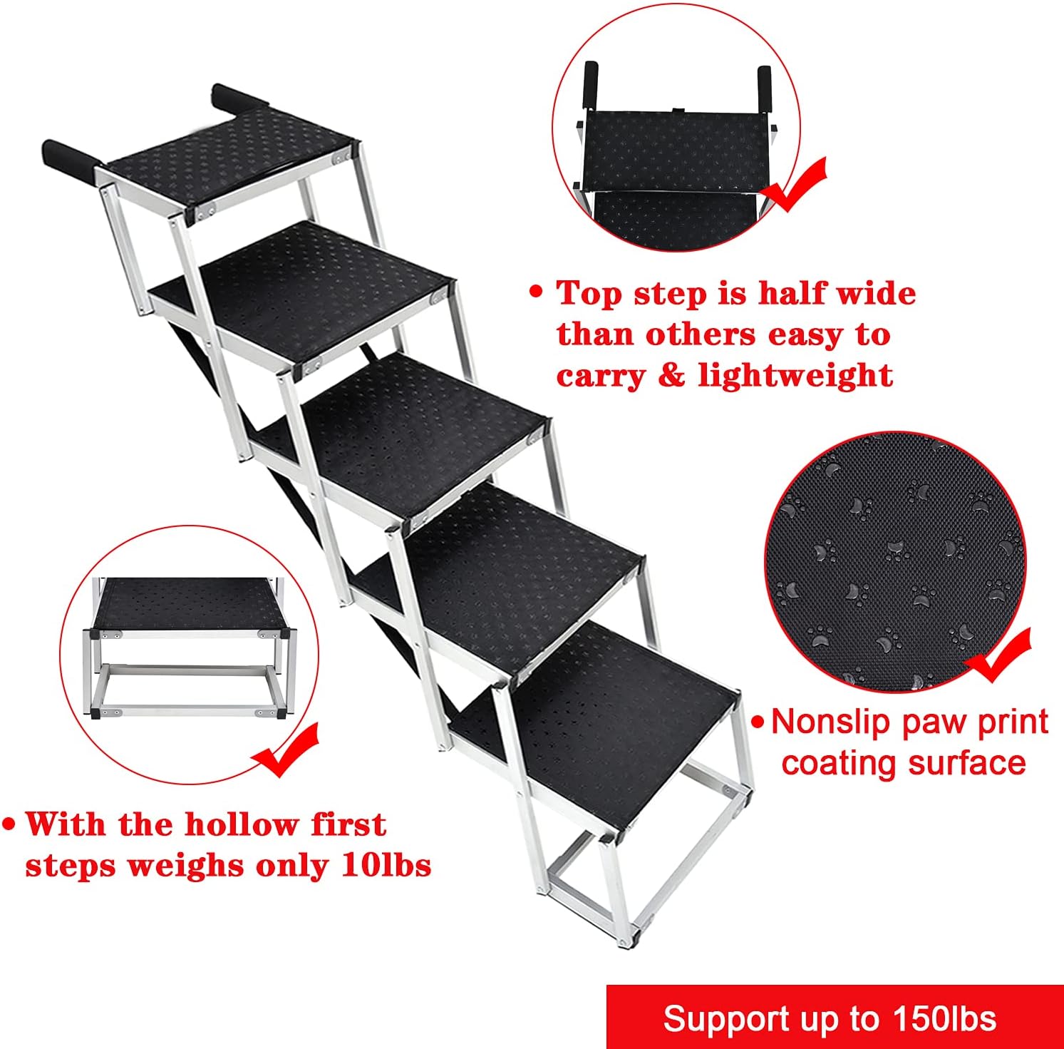 Portable Dog Stairs for Large Dogs, Foldable Aluminum Lightweight Pet Ramps,Accordion Pet Ladder Dog Car Steps with Non-slip Surface for High Beds, Trucks, Cars and SUV, Supports up to 150 lbs,5 Steps
