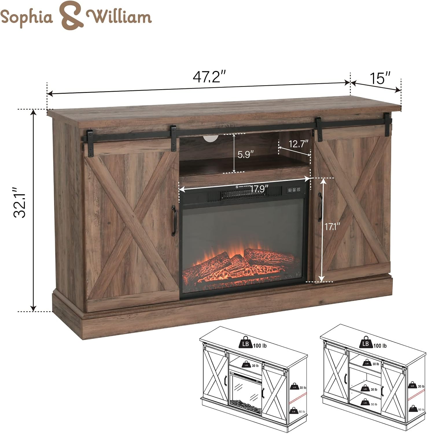 Sophia & William Farmhouse Electric Fireplace TV Stand for TV's Up to 65, Accent Decorative Barn Door Storage Cabinet Chest with 23 Insert Fireplace for Living Room Bedroom Home Office, Burlywood