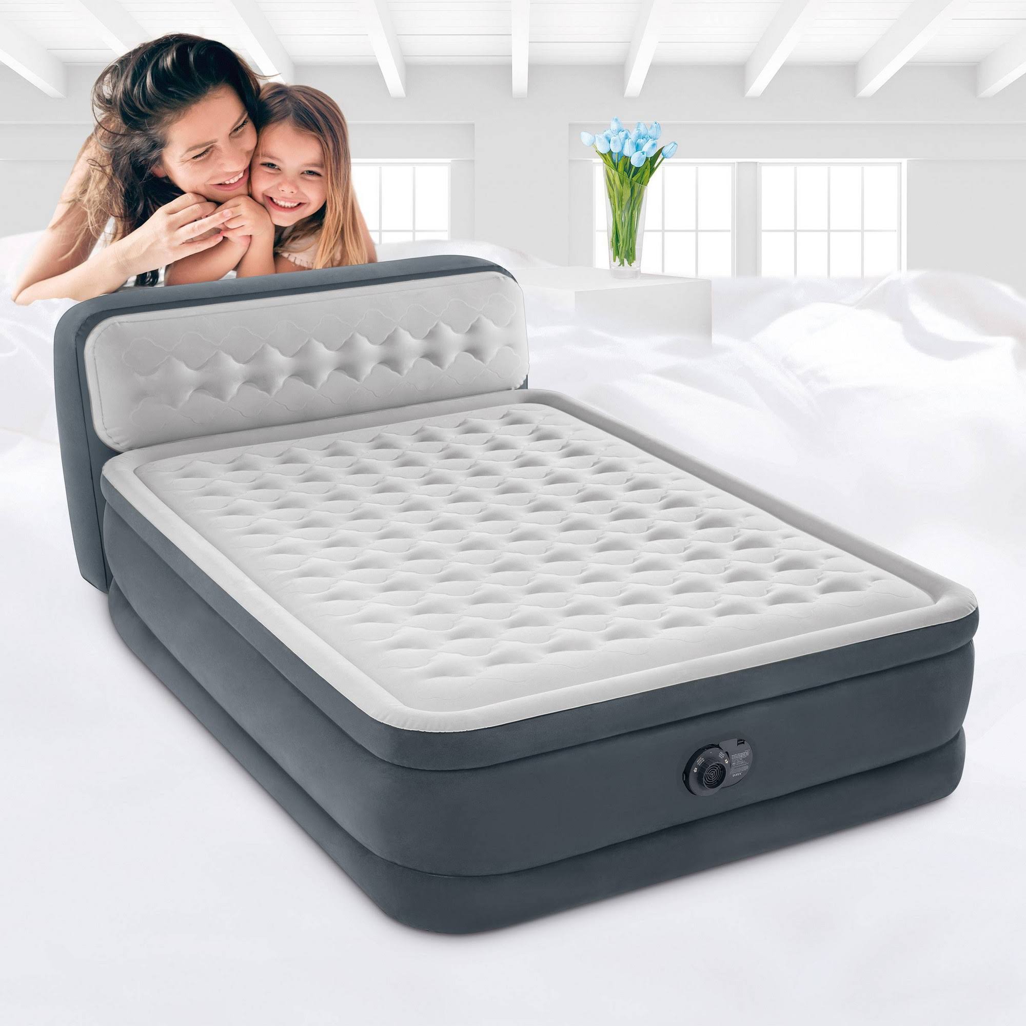 Intex Dura Beam Deluxe Airbed with Built in Pump u0026 Ultra Plush Headboard, Queen