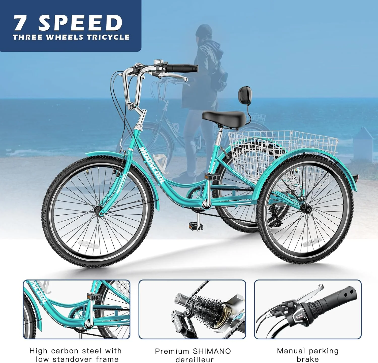 Mooncool Adult Tricycle 20/24/26 inch 7 Speed, Three Wheel Bicycle for Adult, Trike Cruiser W/ Tools & Big Basket for Exercise Shopping Picnic Outdoor Activities