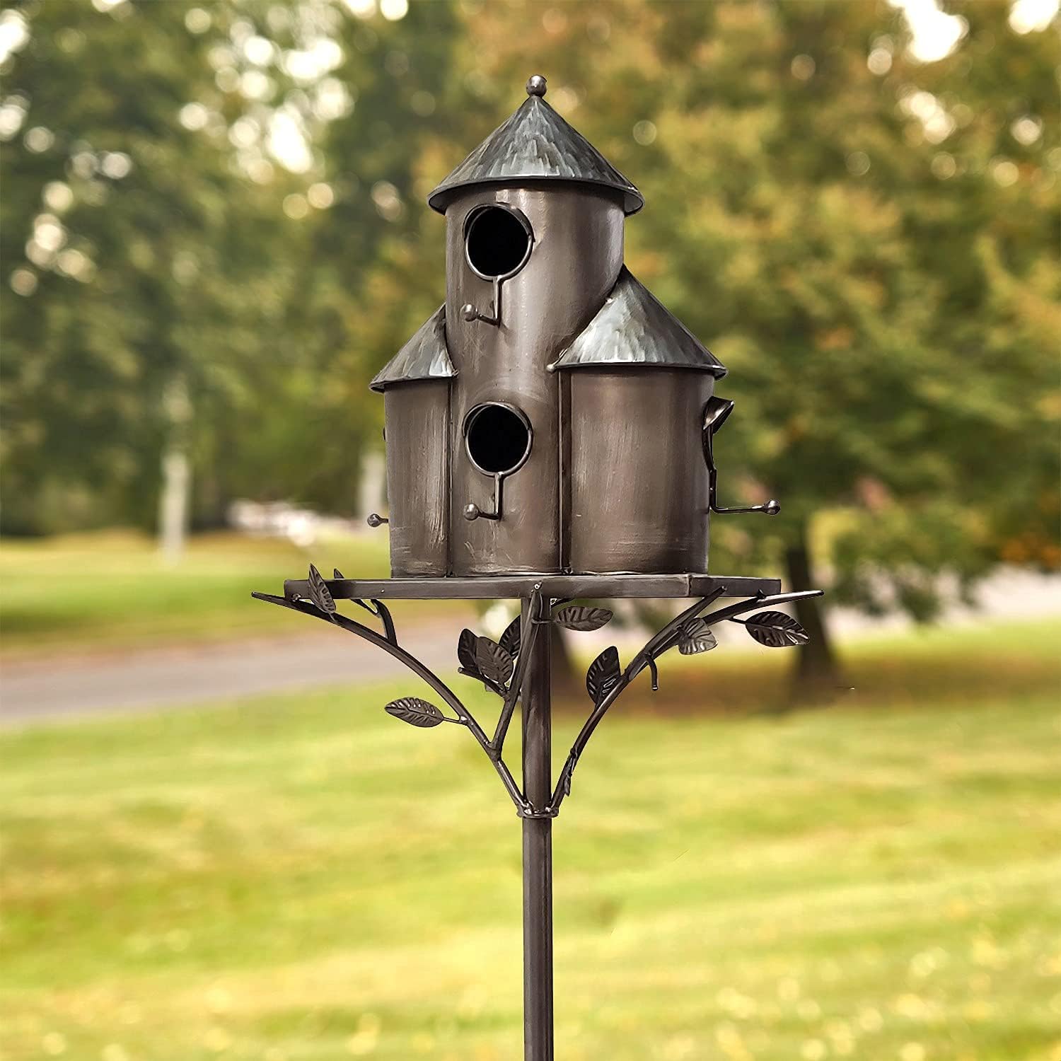 Zaer Ltd. Large Copper Colored Multi-Birdhouse Stakes, Room for 4 Bird Families in Each (Castle Home)