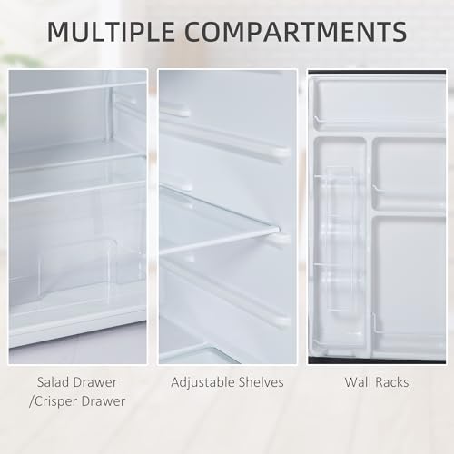 HOMCOM 3.2 Cu.Ft Mini Fridge with Freezer, Compact Refrigerator with Adjustable Thermostat, Shelf and Reversible Door for Bedroom, Dorm, Home Office, Energy Efficient