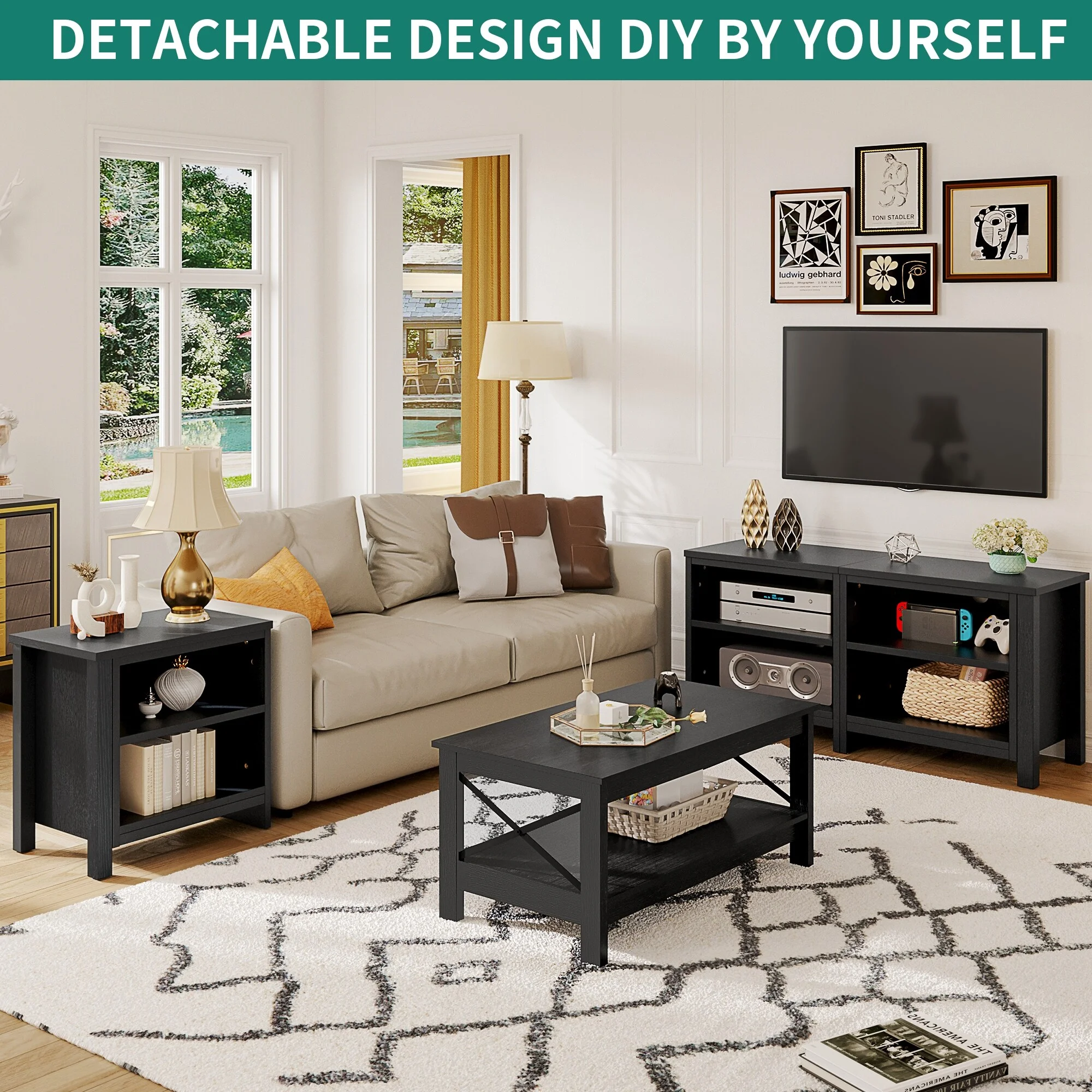 WedealFu Inc Evelynn 70-inch Modern TV Stand, Classic Entertainment Center TV Console for TV up to 80" Black