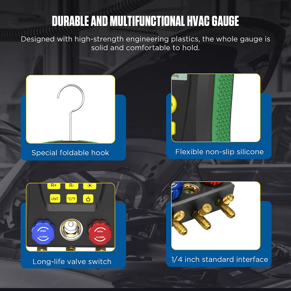Digital Manifold Gauge Set HVAC Dual-Channel Temp Sensor HVAC Tools for 89 Kind of Refrigerant Digital AC Gauges Vacuum Pressure&Temp Test Digital HVAC Gauges with Hoses Digital Refrigeration Gauge
