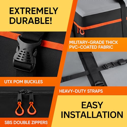 BagMate Military-Grade Waterproof Roof Bag - Rooftop Cargo Carrier – XXL 23 Cubic Feet. with 4 Door Hooks, Zipper/Buckle Closure, Extra Strap – Black Roof Bag for Cars with or Without Rack