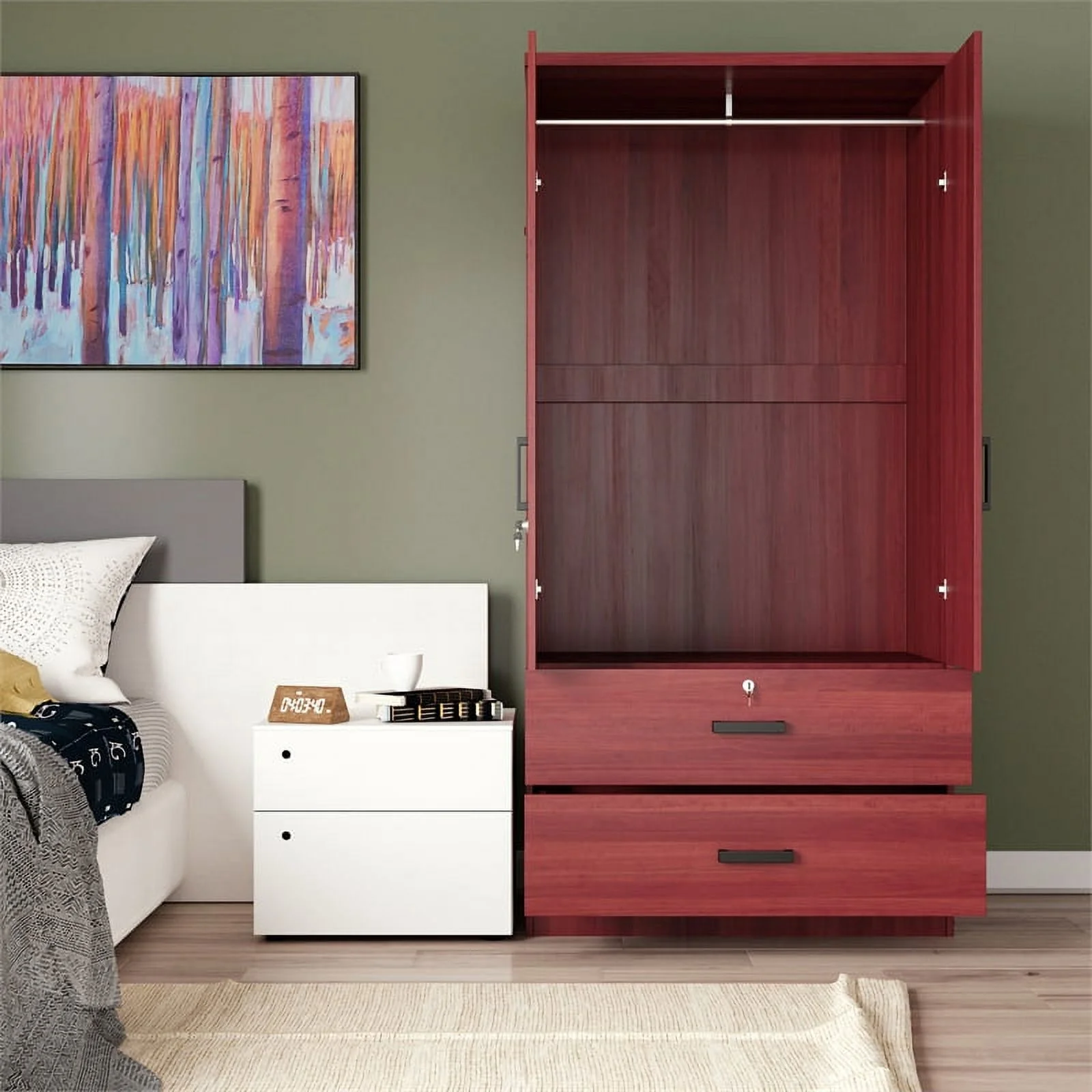 Better Home Products Grace Armoire Wardrobe with Mirror & Drawers in Mahogany