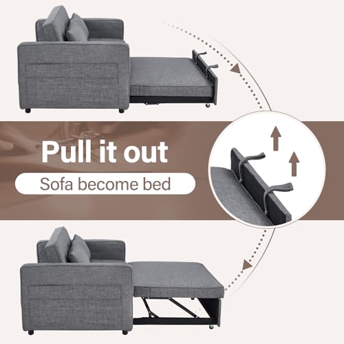 3-in-1 Convertible Sleeper Sofa Bed, Futon Couches with Pullout Bed, 2-Seater Loveseat Sofa with Storage Pockets, Adjustable Backrest and Toss Pillows for Living Room Apartment, Grey