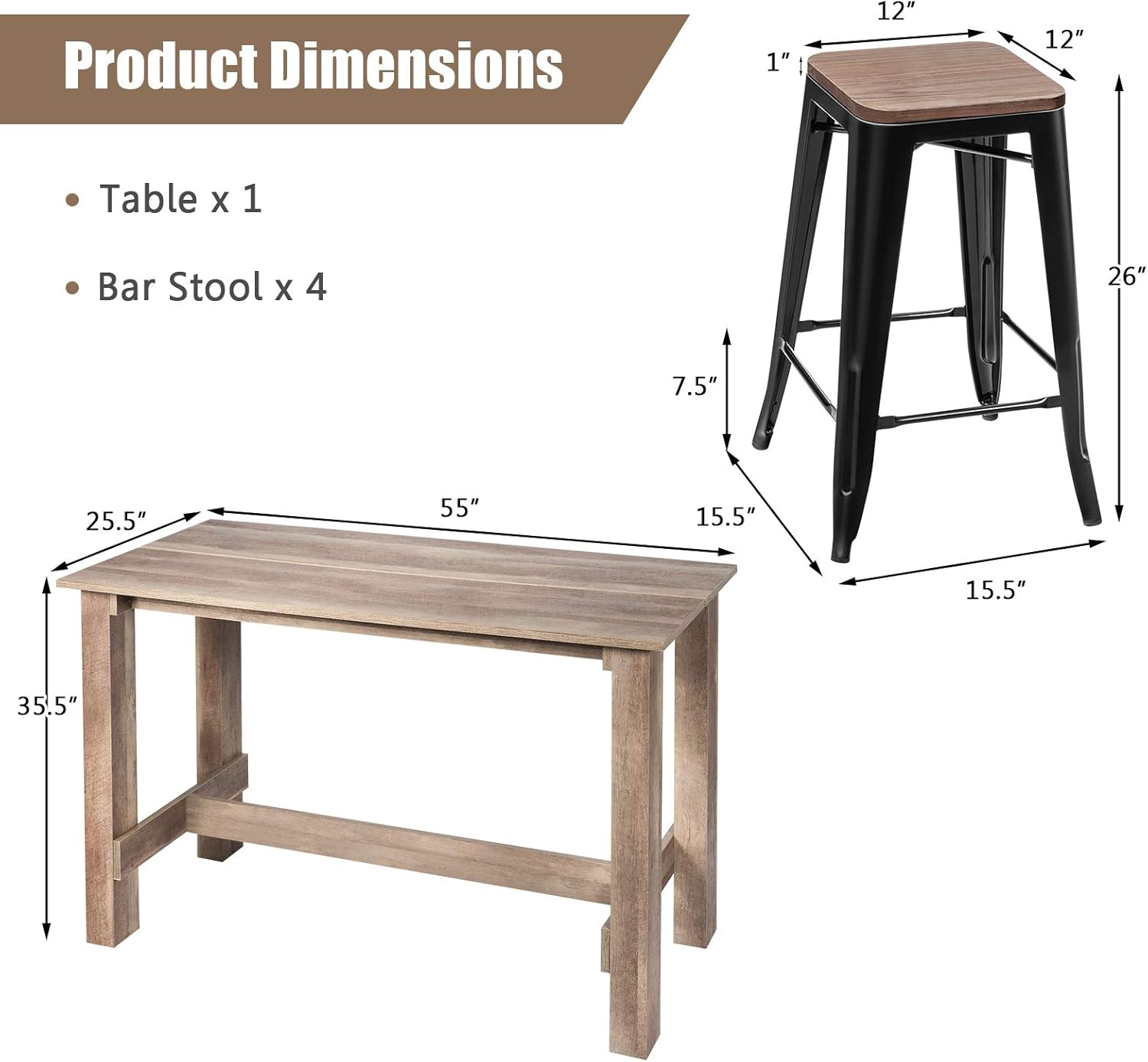 COSTWAY 5 Pcs Dining Table Set, Industrial Counter Height Dining Set with Wooden Table and 4 Metal Backless Barstools, Modern Kitchen Table and Chairs Set for Patio Bistro Restaurant Cafe
