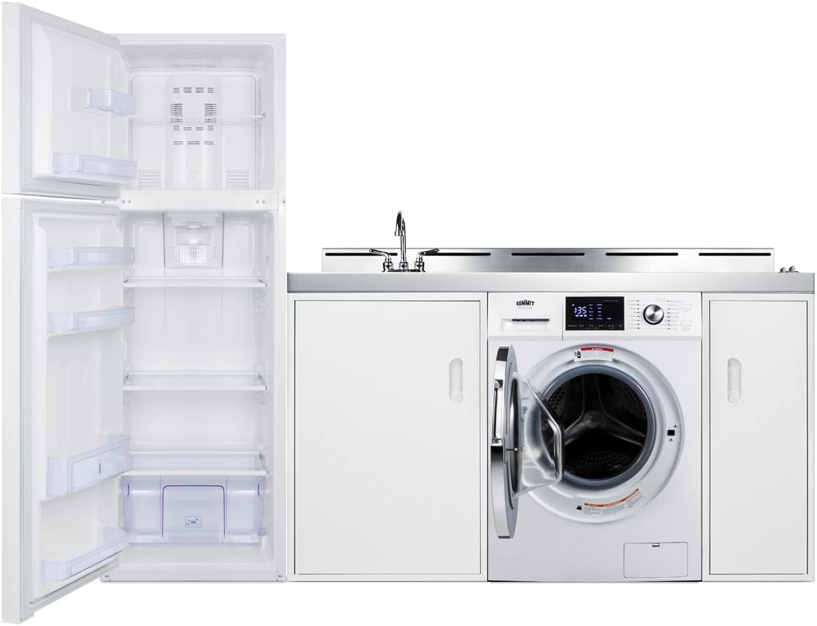 Summit Appliance ACKSPWD82 83" Wide All-In-One Kitchenette with Washer/Dryer Combo; a Full-sized Refrigerator-freezer, 2-Burner Cooktop, Non-vented 115V Washer/dryer Combo, and Sink
