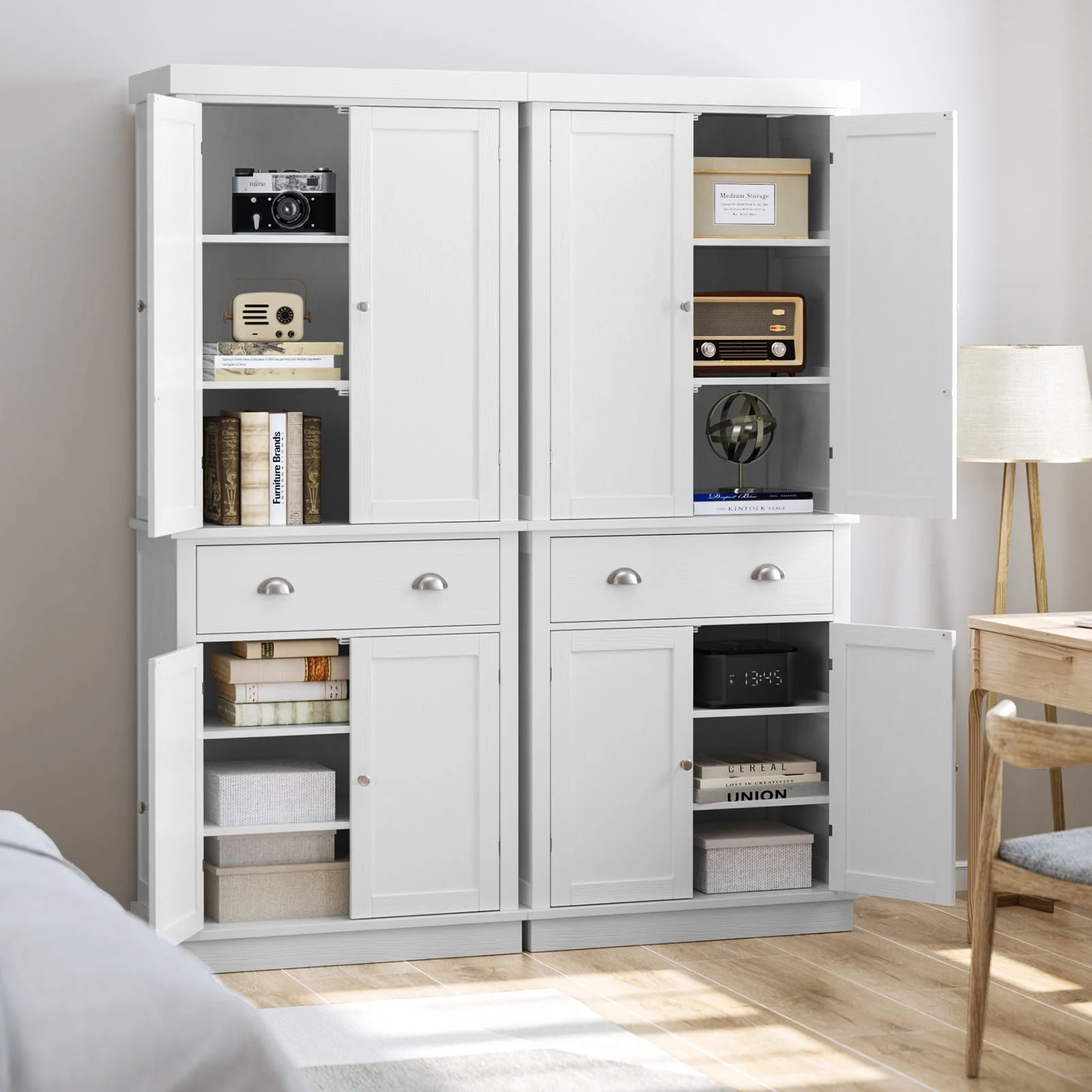 Homfa 72.4'' Tall Kitchen Pantry with 4 Doors, Large Drawer Shelves Wood Storage Cabinet for Dining Room Living Room, White