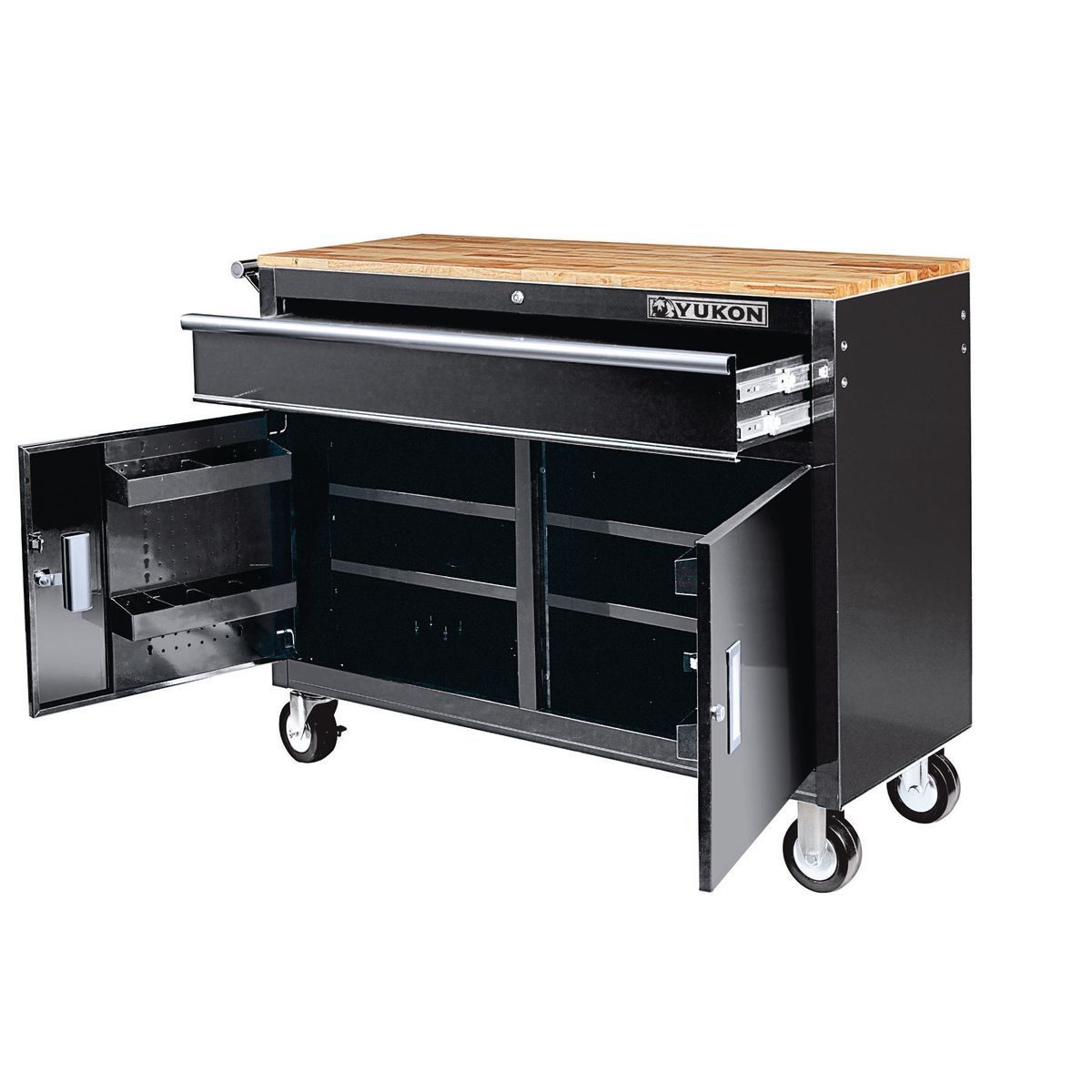 YUKON 46 in. Mobile Workbench with Solid Wood Top, Red
