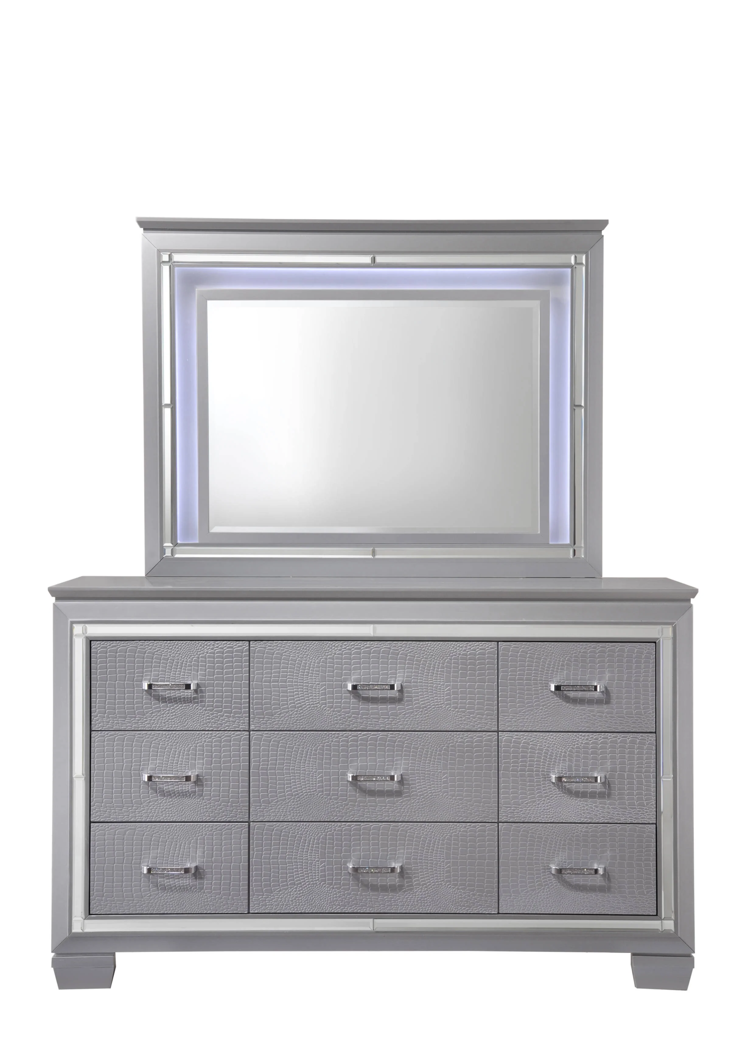 Contemporary Silver Finish 6pc King Size LED Backlit Upholstered HB Bed Dresser Mirror Nightstand Chest Wooden Bedroom Furniture Set