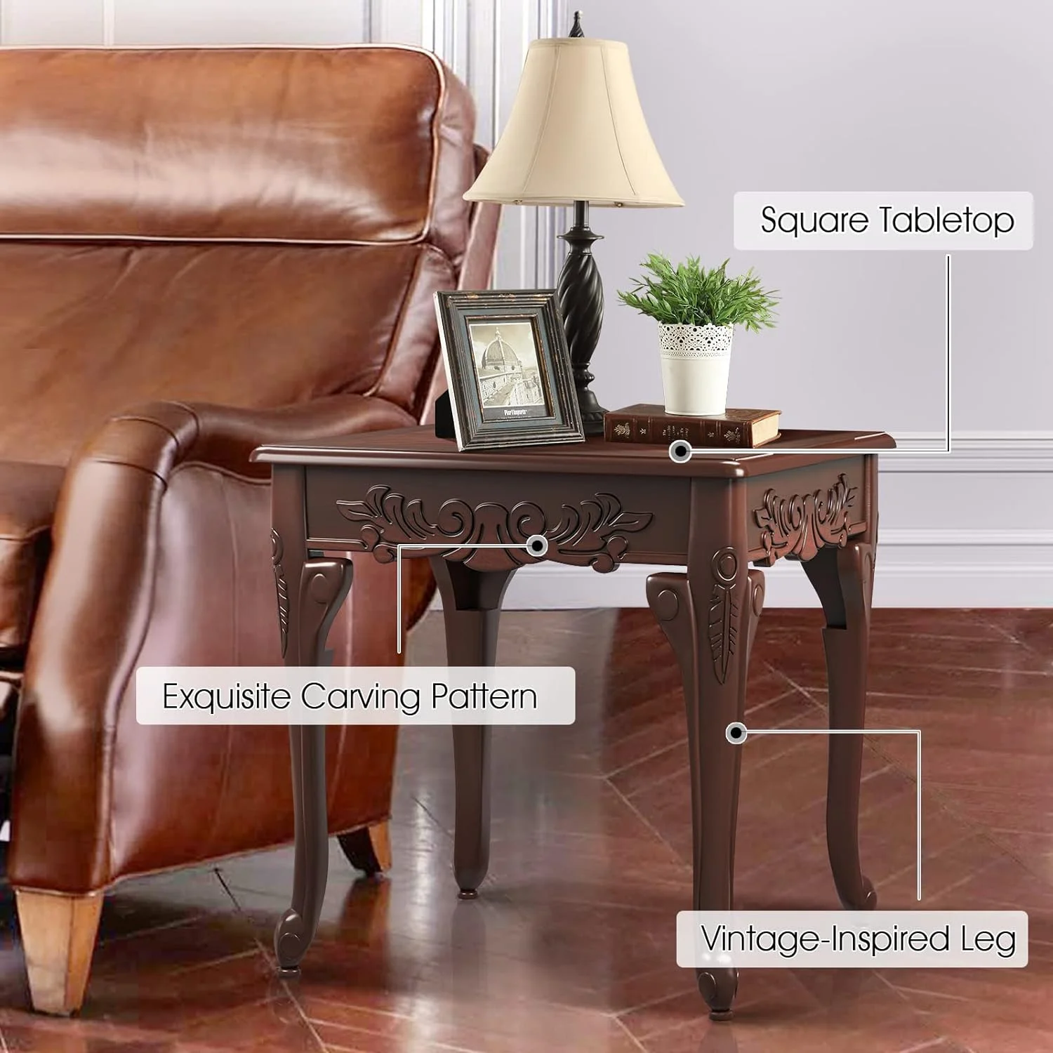 Modern 3 Piece Coffee Table Set, Wood Farmhouse Living Room Table Set Of 3, Includes 1 Rectangular Coffee Table & 2 Square End Tables With Carving Pattern, Espresso