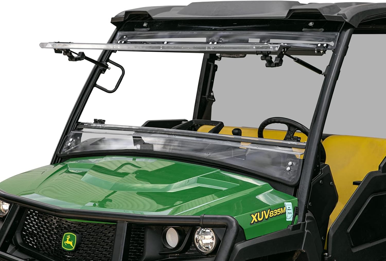 SuperATV Heavy Duty Scratch Resistant Flip Windshield for 2018+ John Deere Gator XUV 835E / 835M | 1/4 Thick Polycarbonate That is 25X Stronger Than Glass | USA Made!
