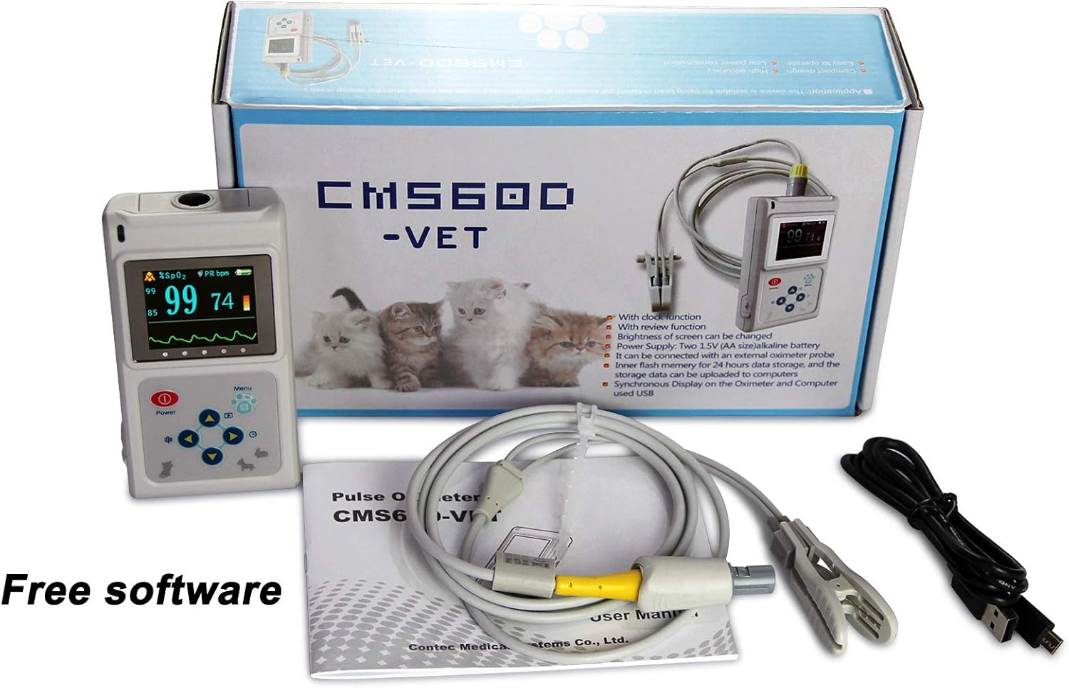 CONTEC CMS60D-VET Veterinary Pulse Oximeter Handheld Machine for Cat and Dog with Pulse Rate Tongue/Ear SPO2 Probe
