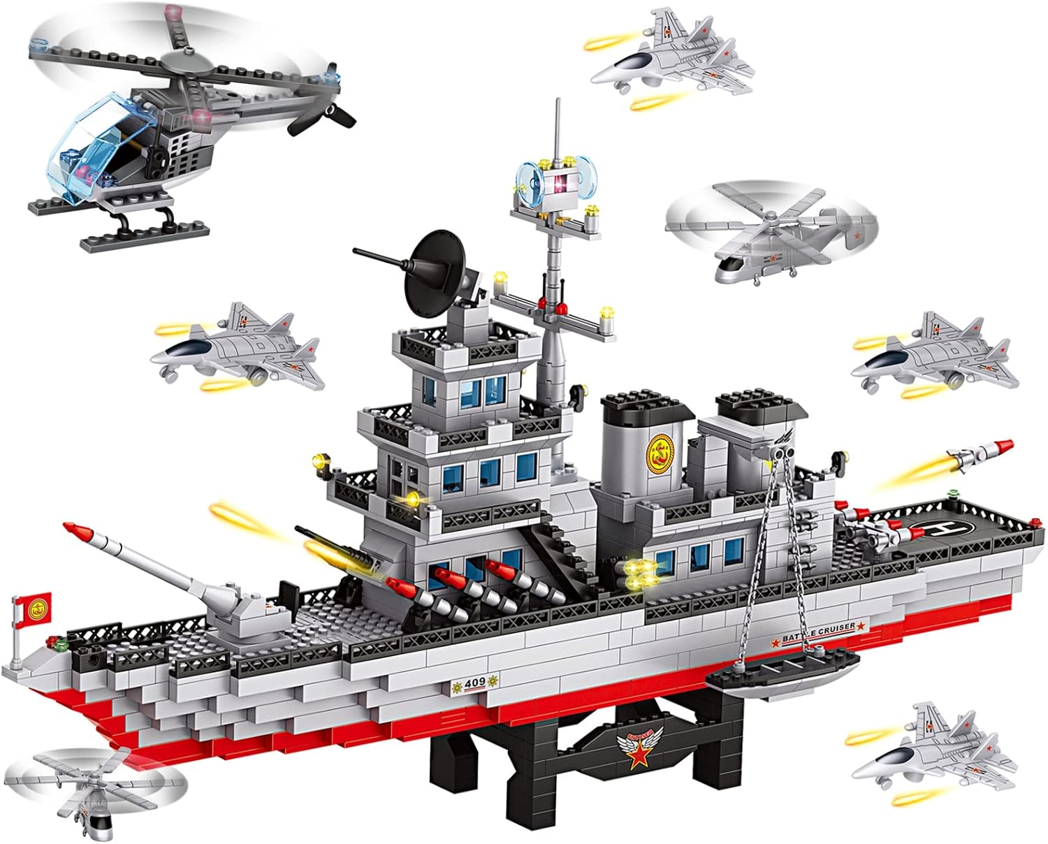 Military Aircraft Carrier Toy Building Blocks Set, 1131 Pieces Army Battleship Aircraft Boat Building Toy with Army Helicopter, Present Gift for Kids Boys Girls 6-12