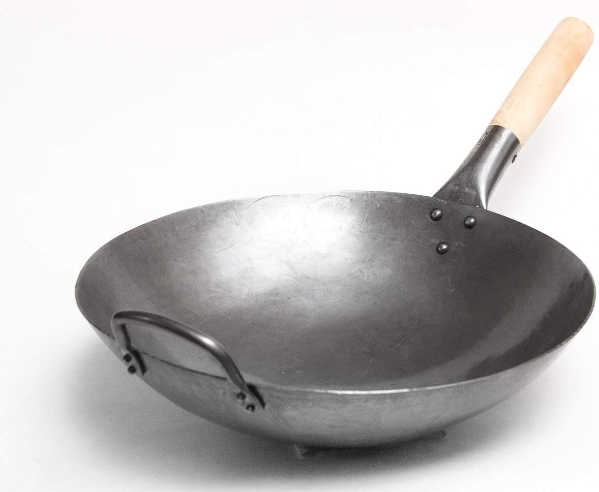 Craft Wok Traditional Hand Hammered Carbon Steel Pow Wok with Wooden and Steel Helper Handle (14 Inch, Round Bottom) / 731W88