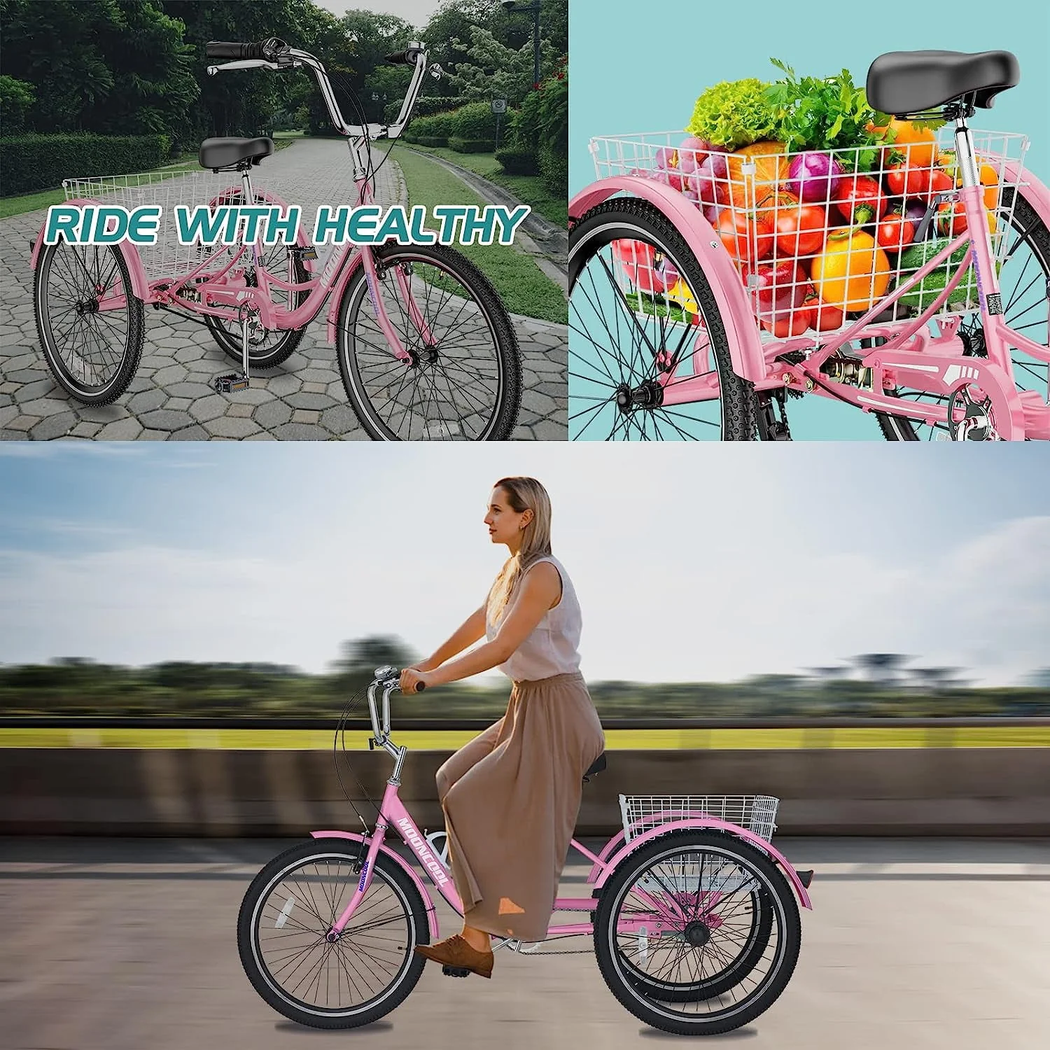 MOONCOOL Adult Tricycles, Single Speed Three Wheel Bike for Adults, 24 inches Adult Trikes for Men, Women, Seniors with Low Step Through