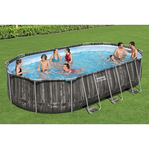 Bestway Power Steel 16' x 10' x 42" Rectangular Metal Frame Above Ground Swimming Pool Set with 1000 GPH Filter Pump, Ladder, and Pool Cover