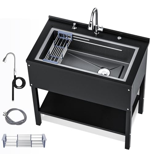 Stainless Steel Utility Sink,24" FreeStanding Laundry&Utility Room Sinks with Cold and Hot Water Faucet,Hoses and Drain Kit Commercial Single Bowl,Laundry Sink for Kitchens, Garage (24x18x36 Black)