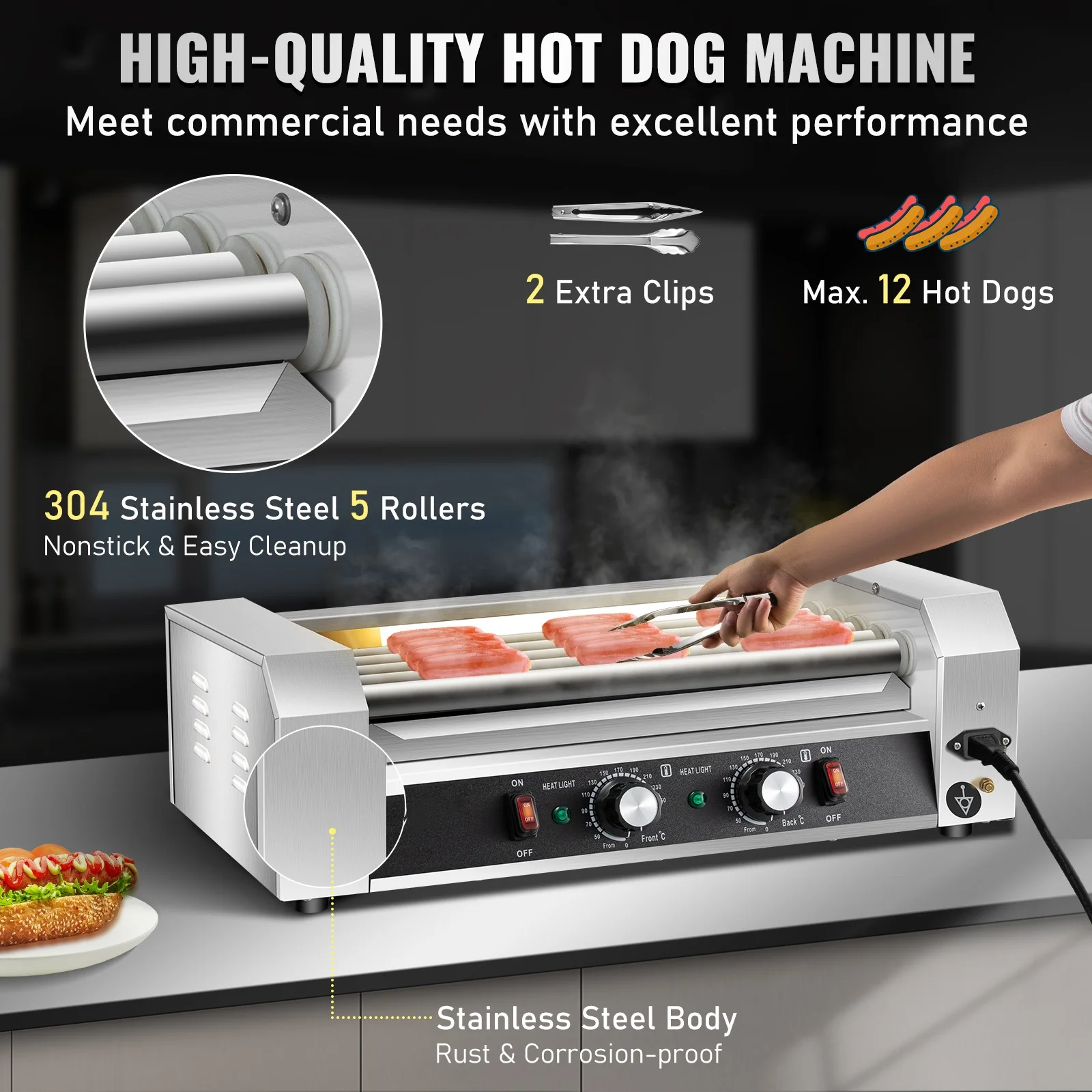 BENTISM Commercial 12 Hot Dog 5 Roller Grill Cooker Machine Stainless Steel 750W