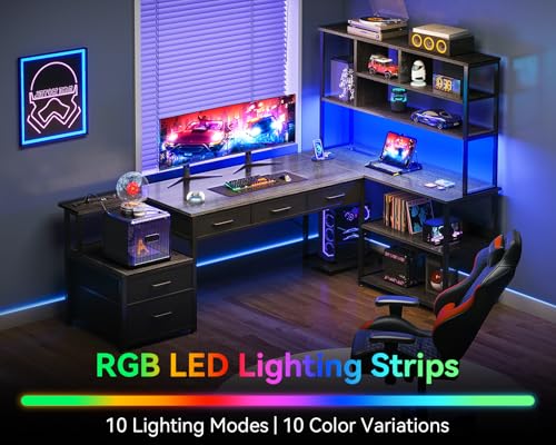 AODK 71 inch L Shaped Desk with File Drawers, Reversible L Shaped Gaming Desk with Power Outlets & LED Lights, Computer Desk with Storage Shelves for Home Office, Black