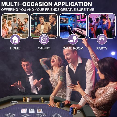 8 Players Poker Table Foldable,50inch Upgraded Folding Octagon Casion Table, Portable Texas Holedem Table w/Stainless Steel Cup Holders, Water-Resistant Cushioned Rail (Brown)