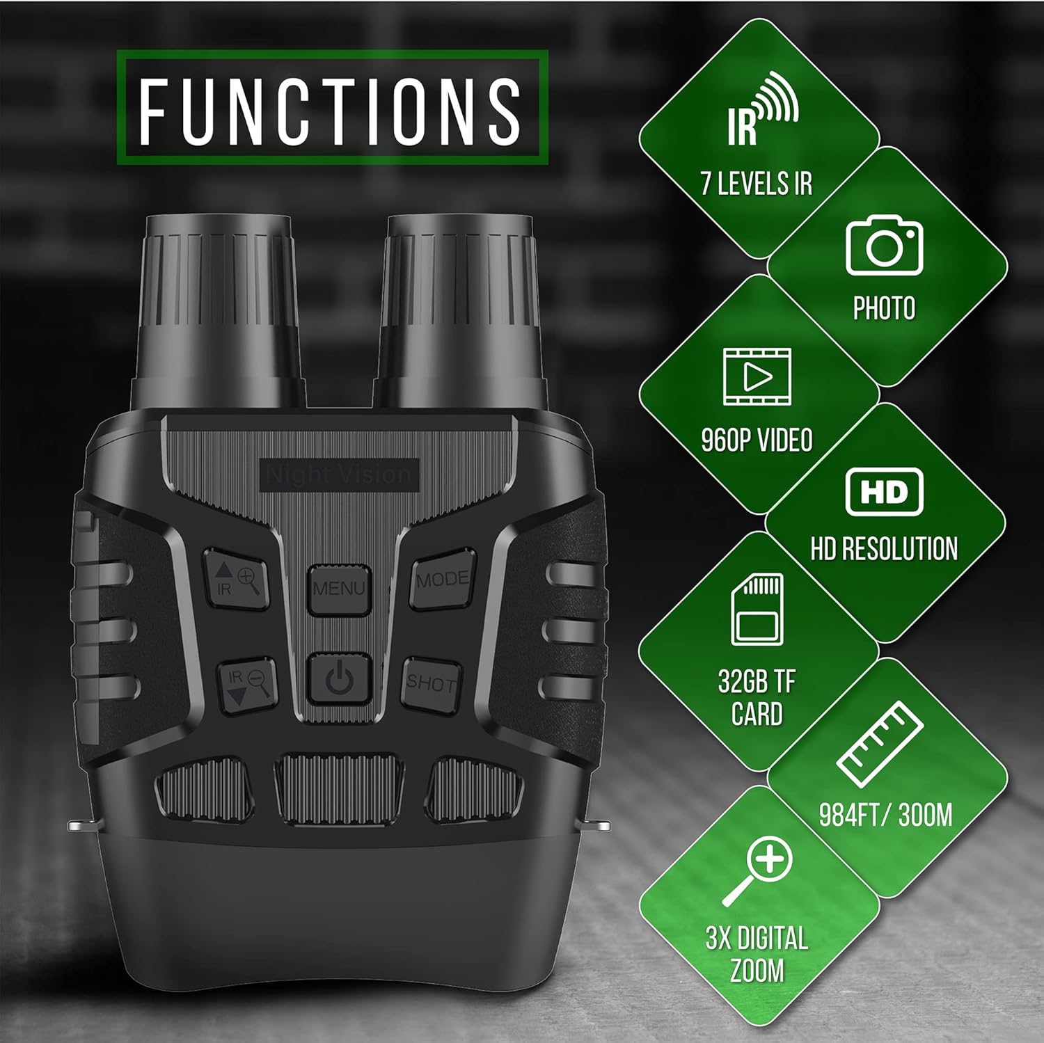 Bush Tech Night Vision Binoculars, Military-Grade Infrared Binoculars with Camera for Hunting and Surveillance, Day and Night High-Power Binoculars with 3X Digital Zoom, 984ft Range, 2.31” LCD Display