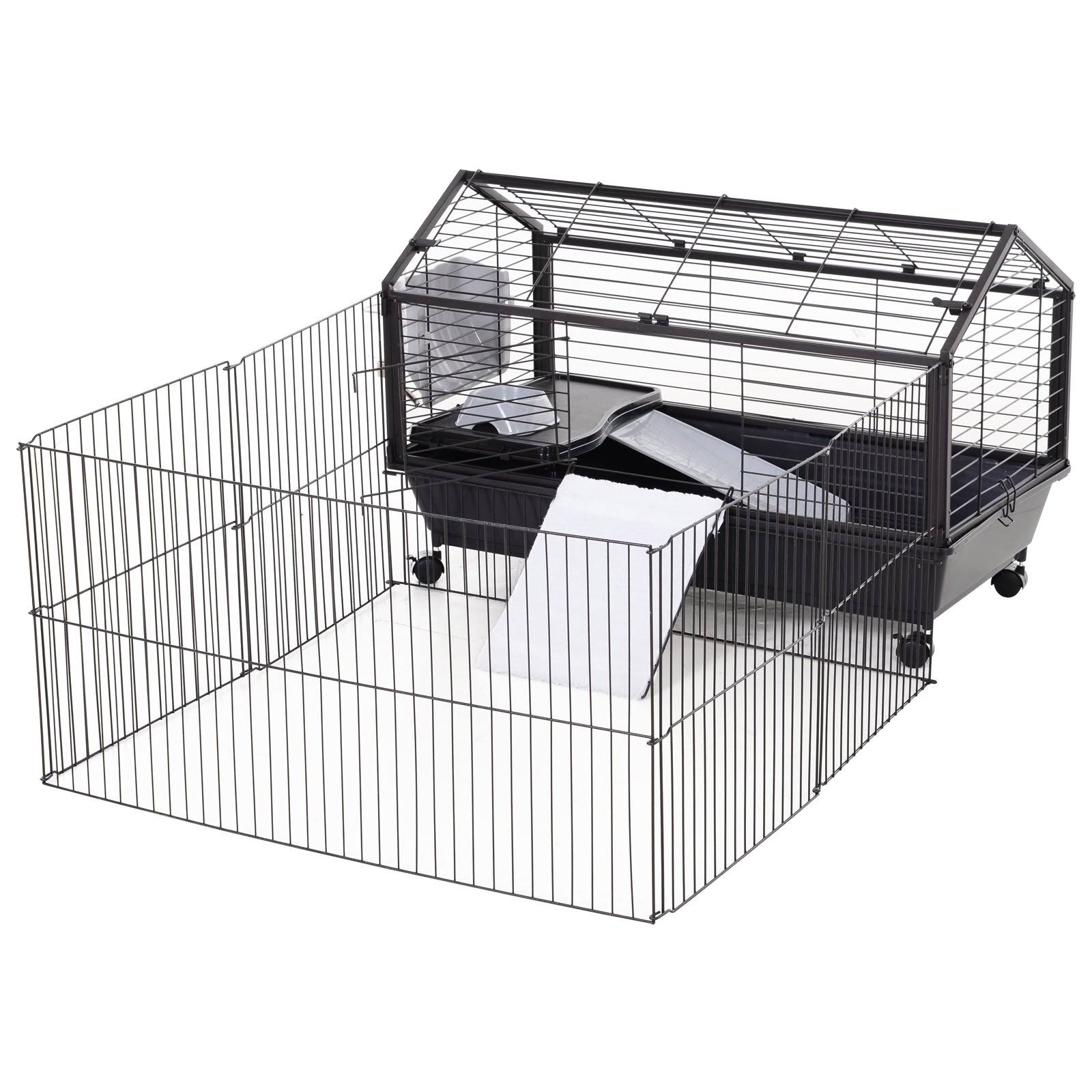 Pawhut Rolling Metal Rabbit Guinea Pig or Small Animal Hutch Cage with Main House and Run 35x22 L