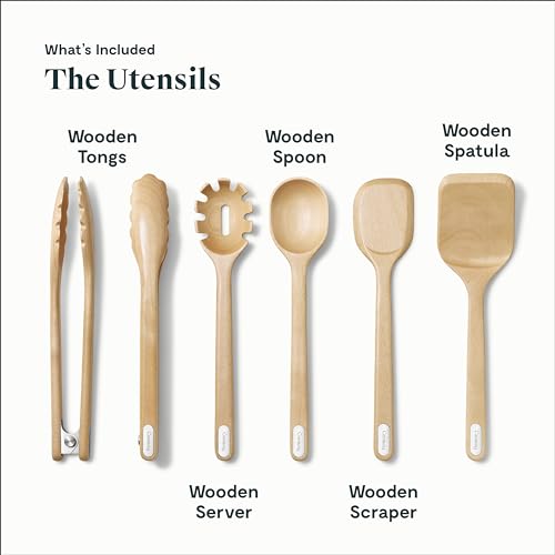 Caraway 14-Piece Kitchen Prep Set - Kitchen Knife Set & Wooden Utensil Set - Made With Premium German Steel Blades & FSC-Certified Birch Wood - Non-Toxic Materials - Includes Organizer